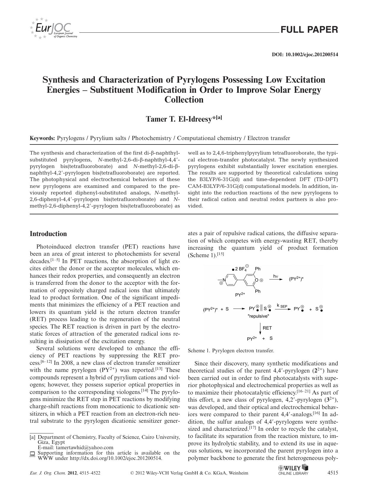 Synthesis and Characterization of Pyrylogens Possessing Low Excitation Energies Substituent Modification in Order to Improve Solar Energy Collection by Unknown