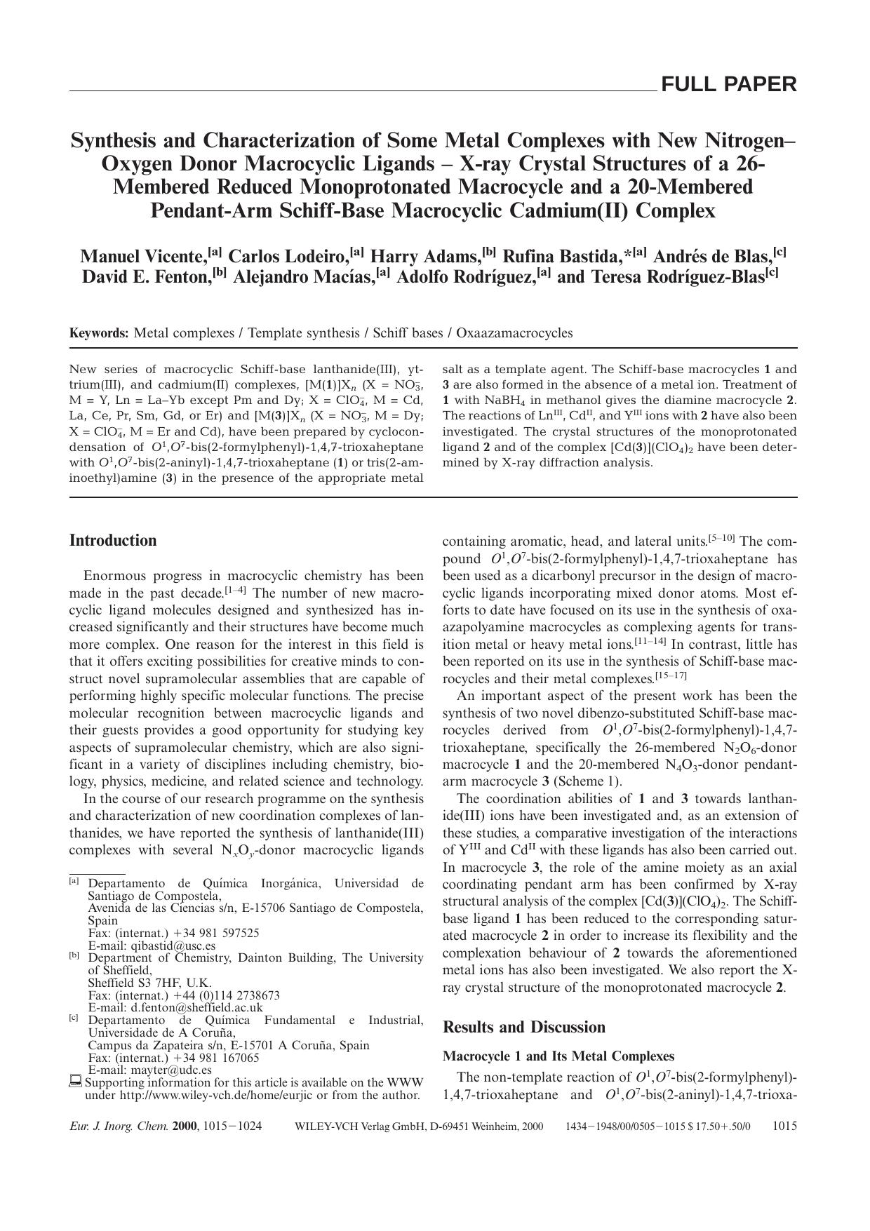 Synthesis and Characterization of Some Metal Complexes with New Nitrogen-Oxygen Donor Macrocyclic Ligands - X-ray Crystal Structures of a 26-Membered Reduced Monoprotonated Macrocy by Unknown