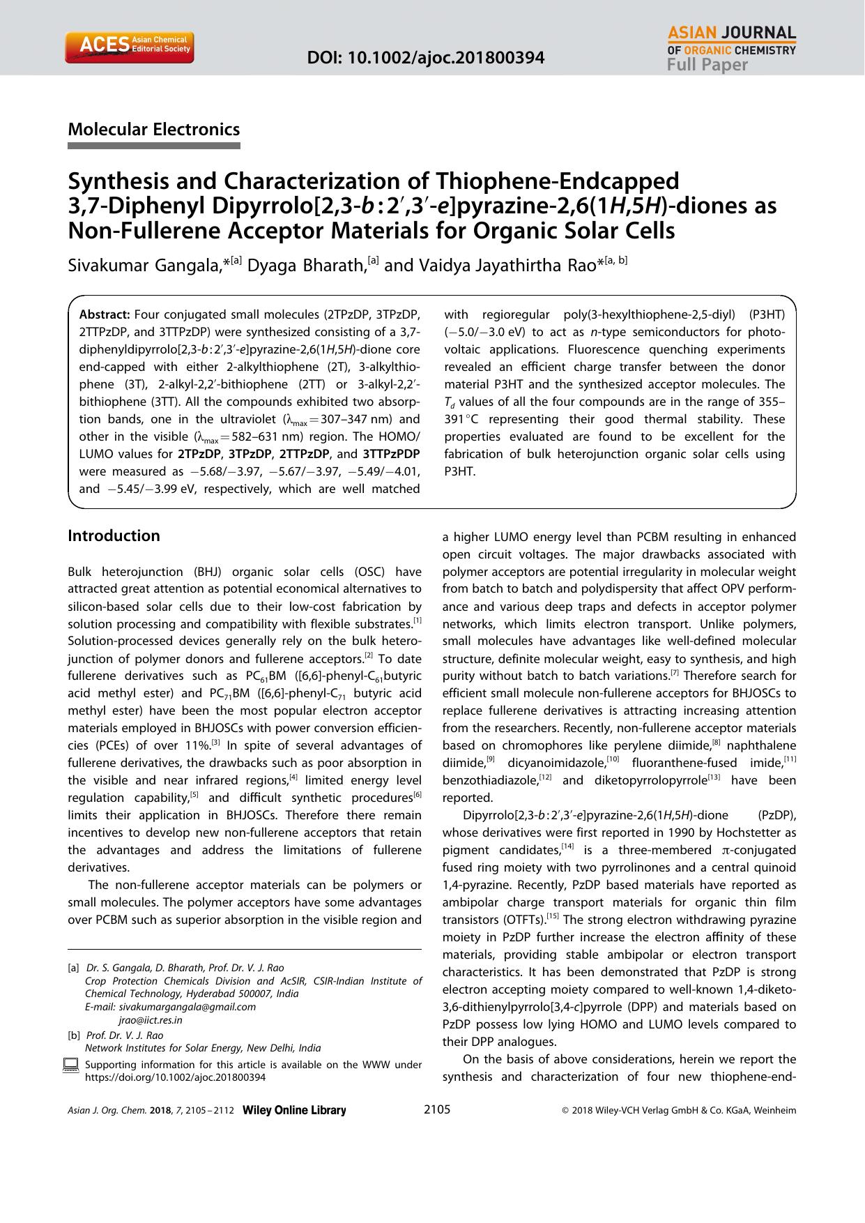 Synthesis and Characterization of ThiopheneâEndcapped 3,7âDiphenyl Dipyrrolo[2,3âbâ:â2â²,3â²âe]pyrazineâ2,6(1H,5H)âdiones as NonâFullerene Acceptor Materials fo by Unknown