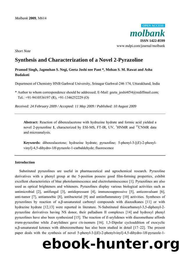 Synthesis and Characterization of a Novel 2-Pyrazoline by Pramod Singh & Jagmohan S. Negi & Geeta Joshi nee Pant & Mohan S. M. Rawat & Asha Budakoti