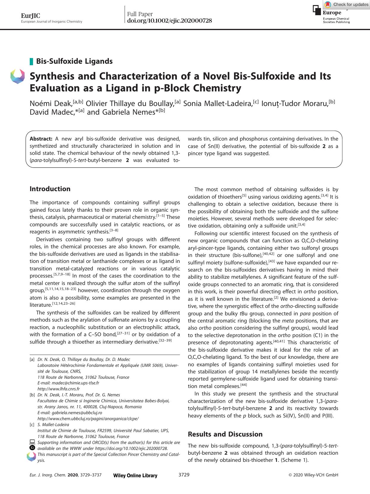 Synthesis and Characterization of a Novel BisâSulfoxide and Its Evaluation as a Ligand in pâBlock Chemistry by Unknown