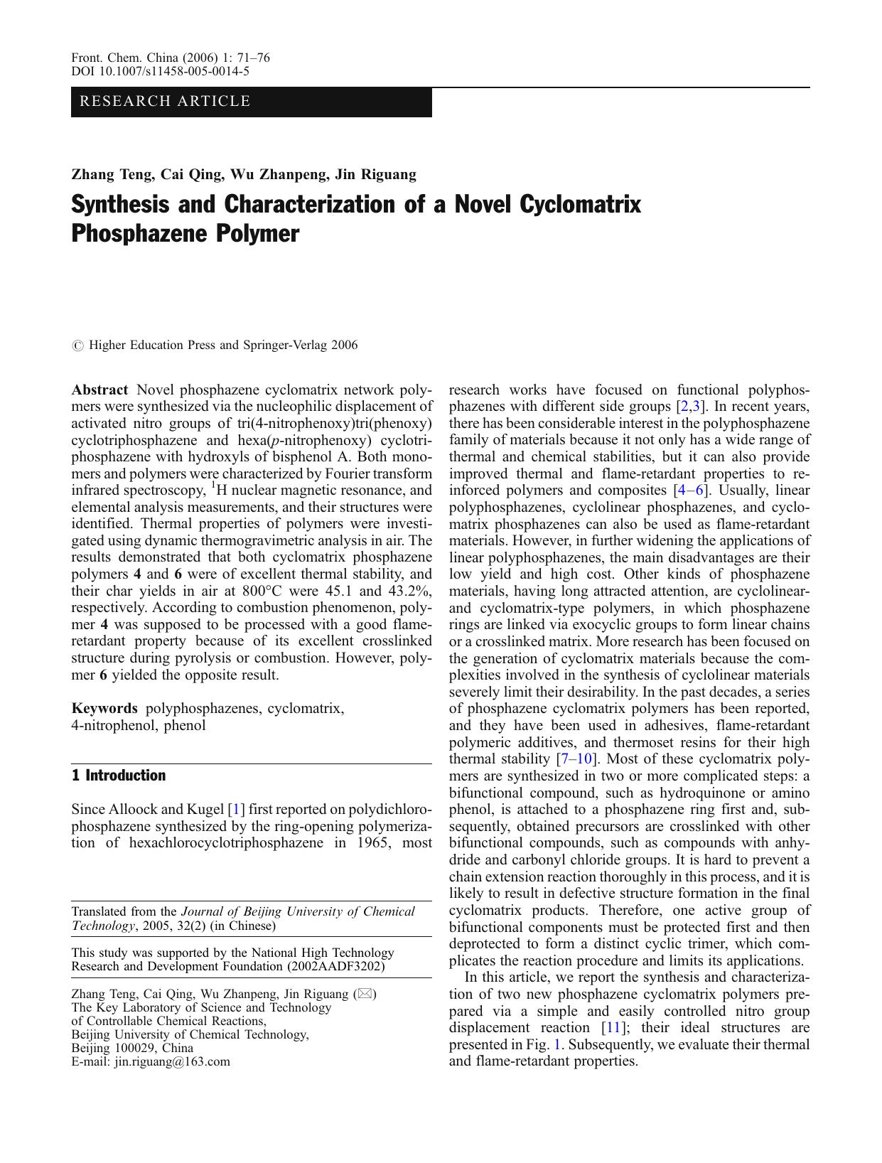 Synthesis and Characterization of a Novel Cyclomatrix Phosphazene Polymer by Unknown