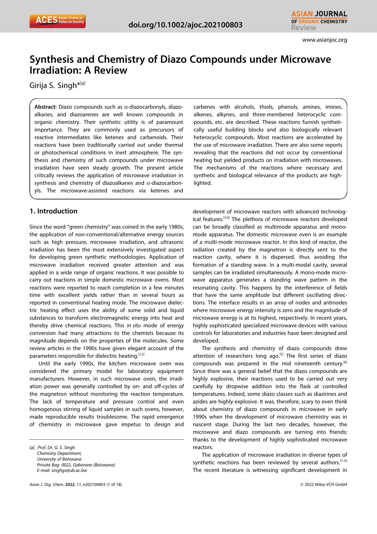 Synthesis and Chemistry of Diazo Compounds under Microwave Irradiation: A Review by Unknown