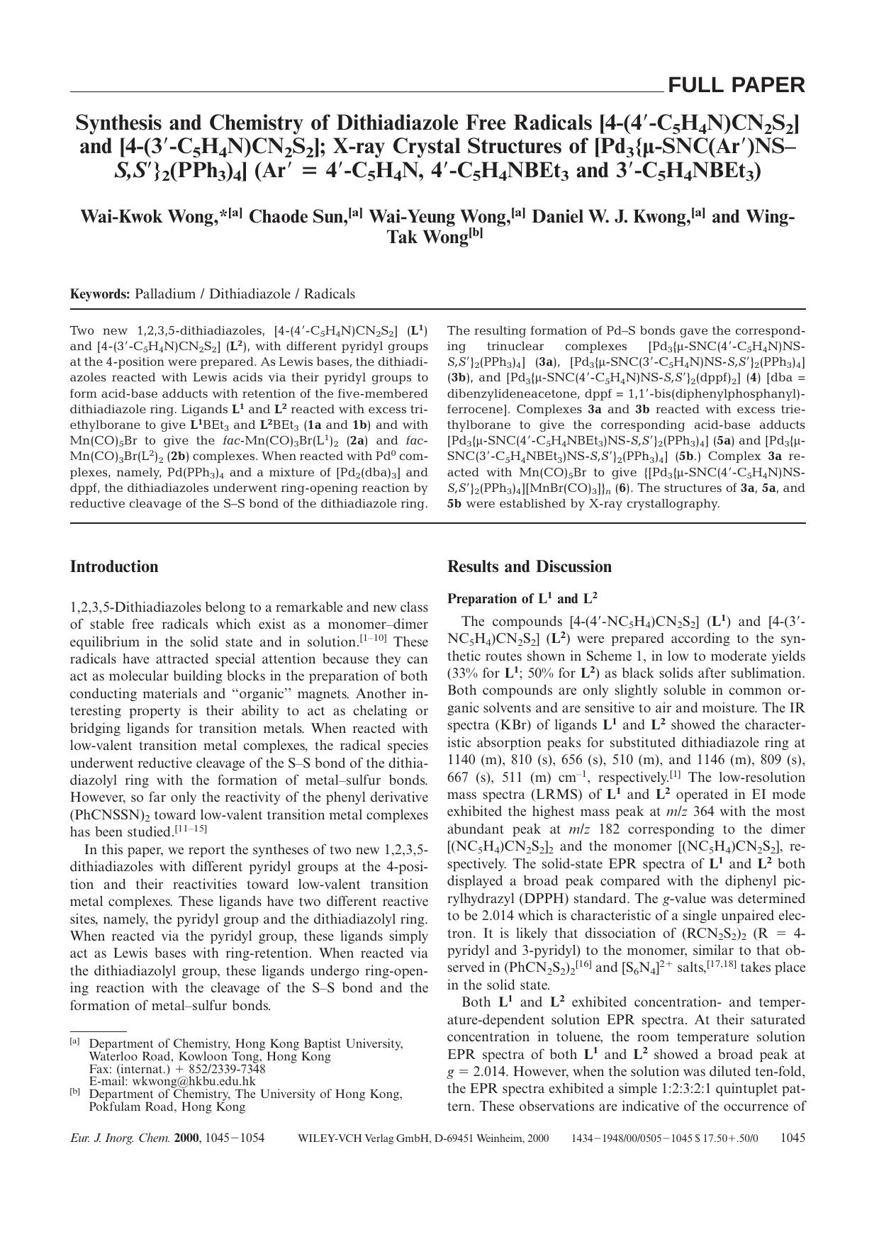 Synthesis and Chemistry of Dithiadiazole Free Radicals [4-(4[prime]-C5H4N)CN2S2] and [4-(3[prime]-C5H4N)CN2S2]; X-ray Crystal Structures of [Pd3[lcub][mgr]-SNC(Ar[prime])NS-S,S[pri by Unknown