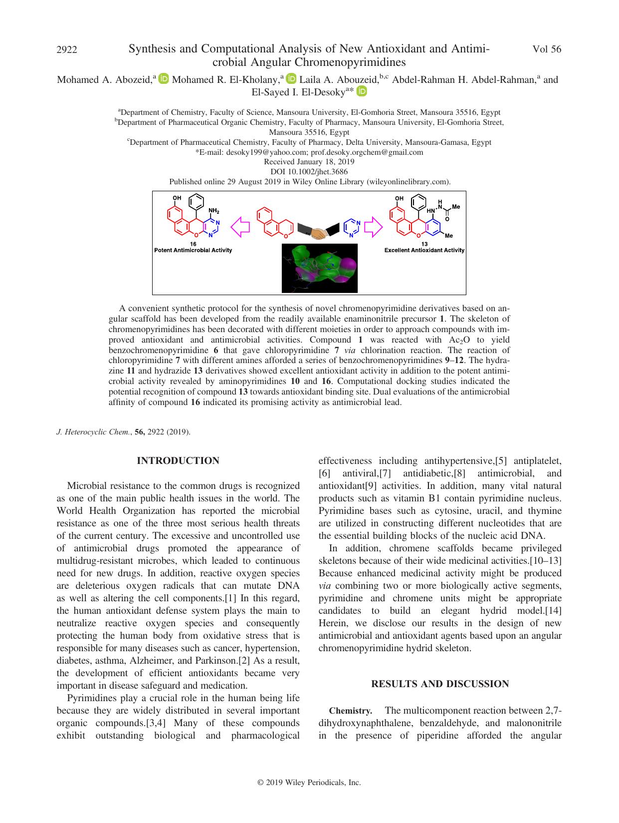 Synthesis and Computational Analysis of New Antioxidant and Antimicrobial Angular Chromenopyrimidines by unknow