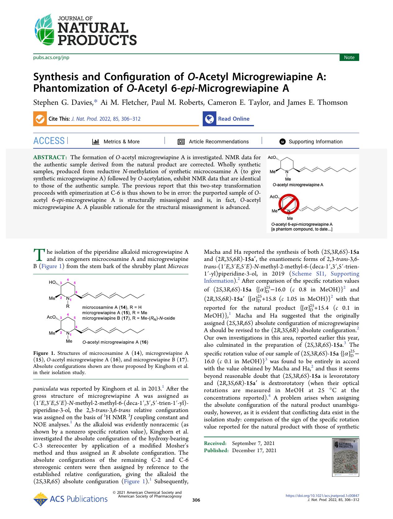 Synthesis and Configuration of O-Acetyl Microgrewiapine A: Phantomization of O-Acetyl 6-epi-Microgrewiapine A by Stephen G. Davies Ai M. Fletcher Paul M. Roberts Cameron E. Taylor and James E. Thomson