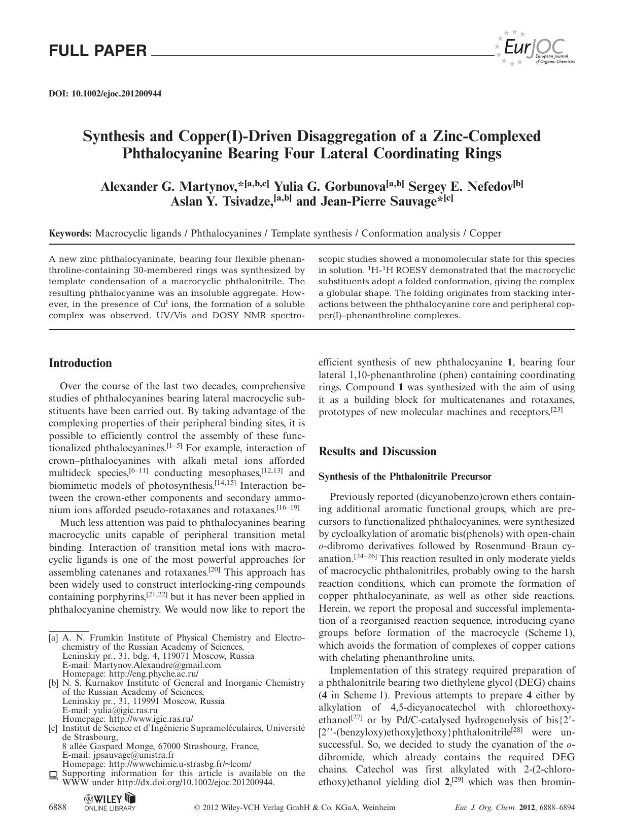 Synthesis and Copper(I)Driven Disaggregation of a ZincComplexed Phthalocyanine Bearing Four Lateral Coordinating Rings by Unknown