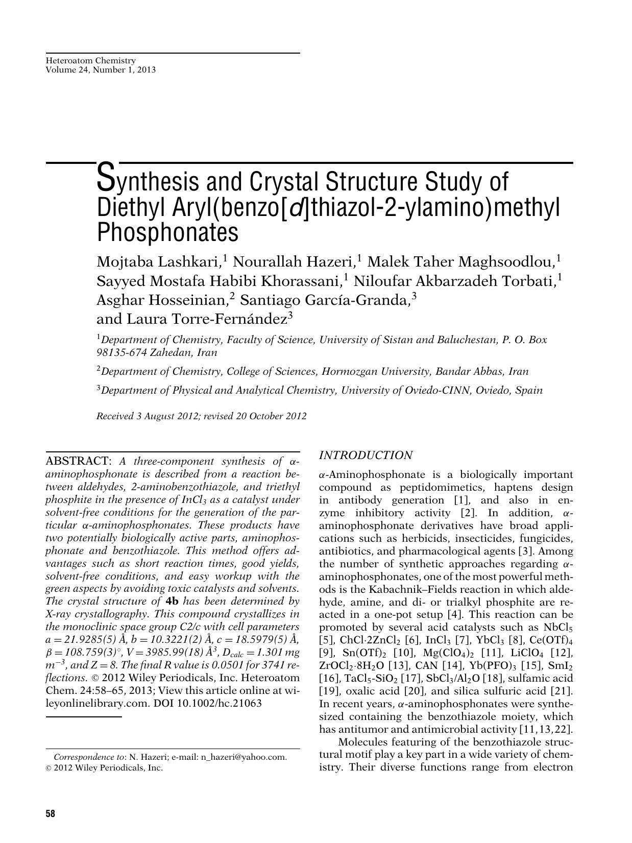 Synthesis and Crystal Structure Study of Diethyl Aryl(benzodthiazol2ylamino)methyl Phosphonates by User-F283