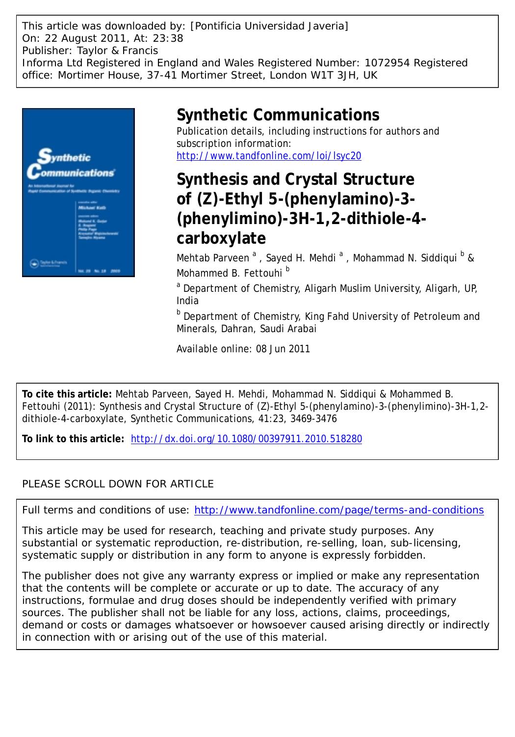 Synthesis and Crystal Structure of (Z)-Ethyl 5-(phenylamino)-3-(phenylimino)-3H-1,2-dithiole-4-carboxylate by unknow