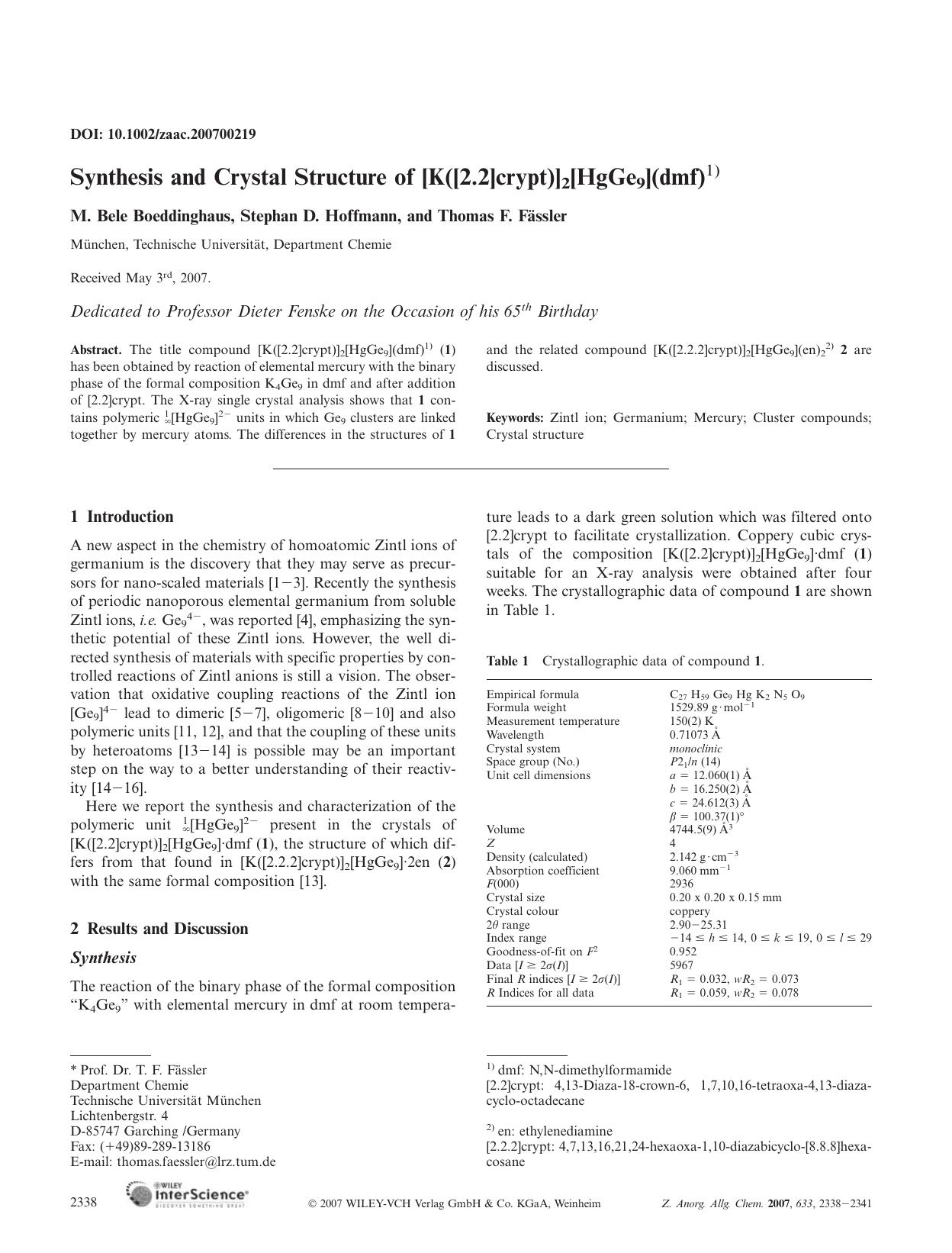 Synthesis and Crystal Structure of [K([2.2]crypt)]2[HgGe9](dmf) by Unknown