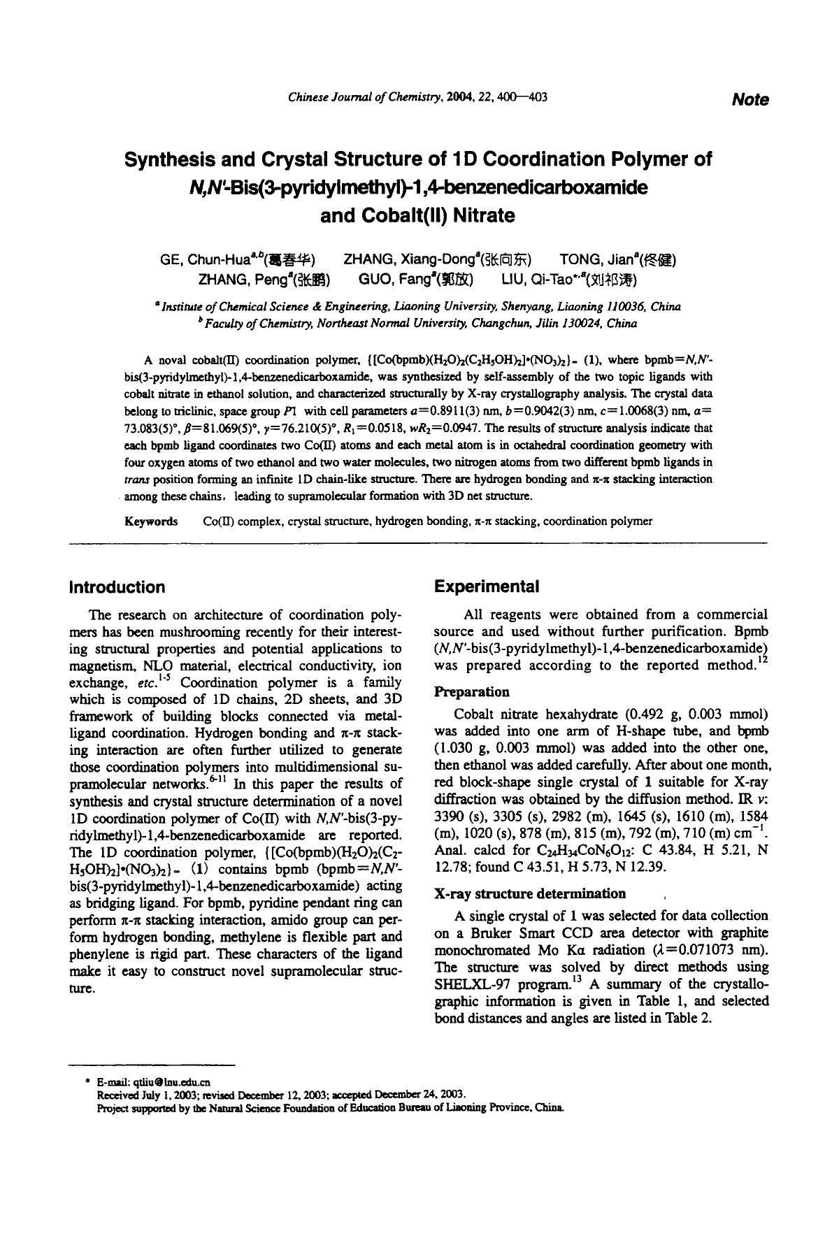 Synthesis and Crystal Structure of 1D Coordination Polymer of N,NBis(3pyridylmethyl)1,4benzenedicarboxamide and Cobalt(II) Nitrate by Unknown