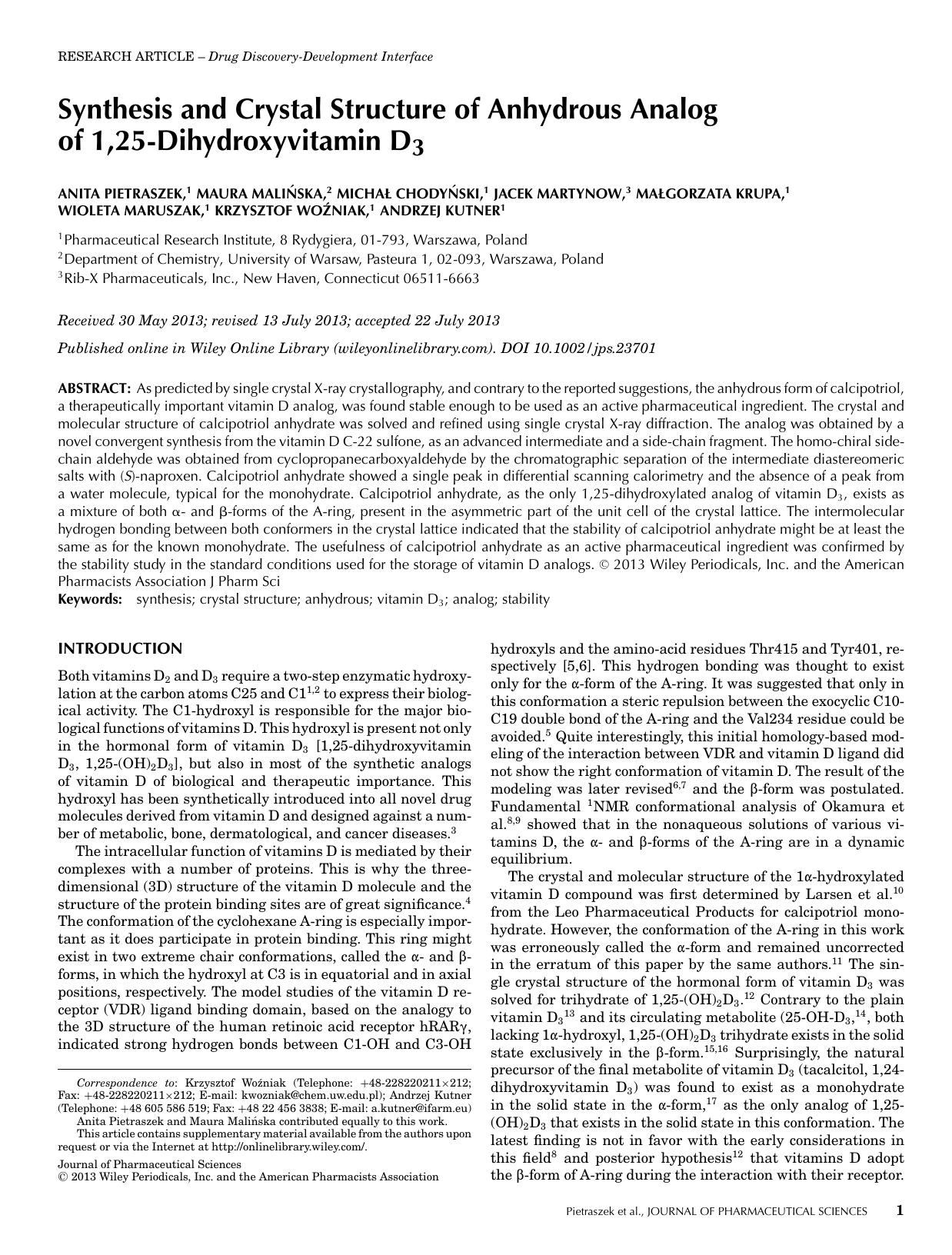 Synthesis and Crystal Structure of Anhydrous Analog of 1,25Dihydroxyvitamin D3 by Unknown