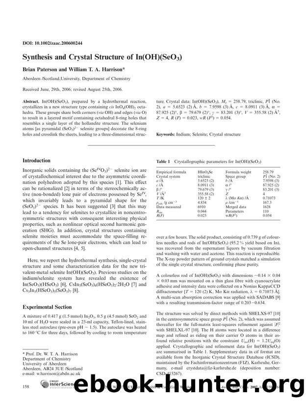 Synthesis and Crystal Structure of In(OH)(SeO3) by Unknown