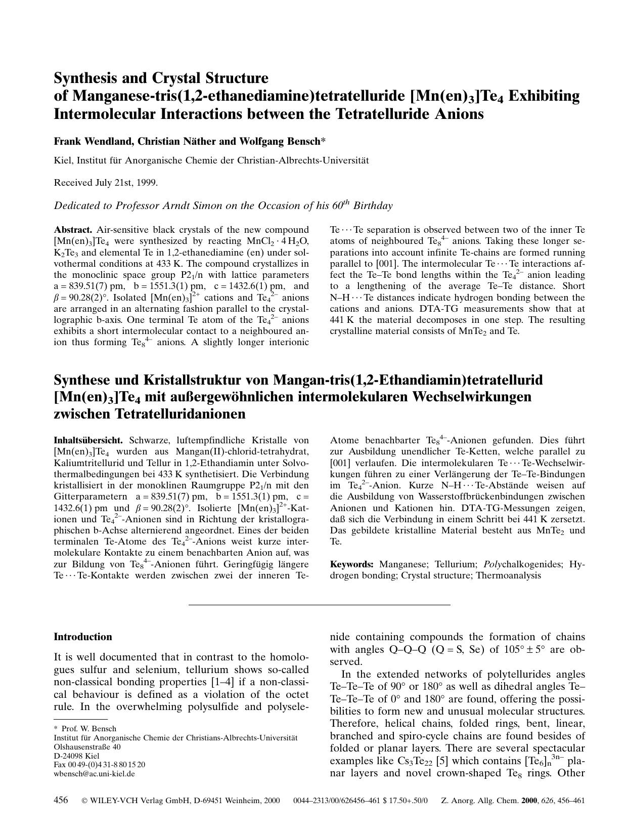 Synthesis and Crystal Structure of Manganese-tris(1,2-ethanediamine)tetratelluride [Mn(en)3]Te4 Exhibiting Intermolecular Interactions between the Tetratelluride Anions by Unknown