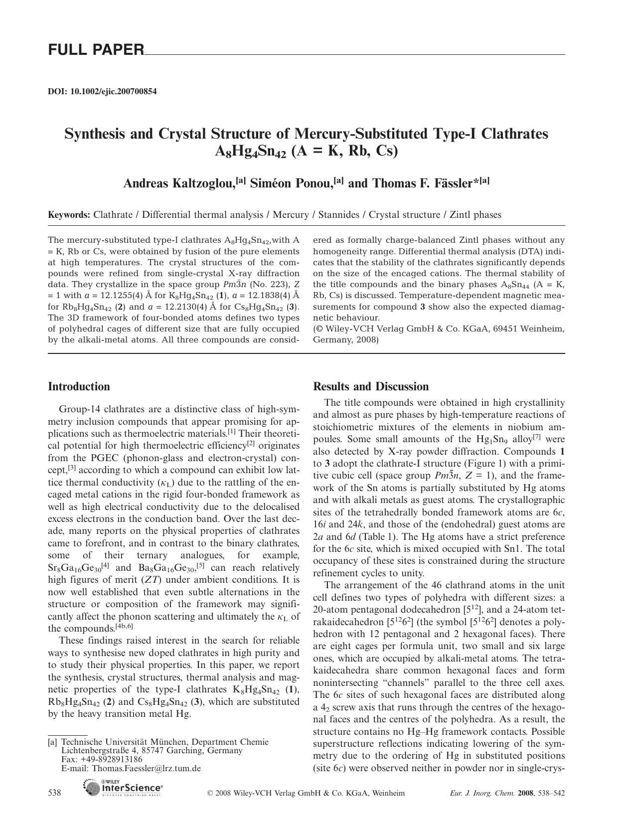 Synthesis and Crystal Structure of Mercury-Substituted Type-I Clathrates A8Hg4Sn42 (A = K, Rb, Cs) by Unknown