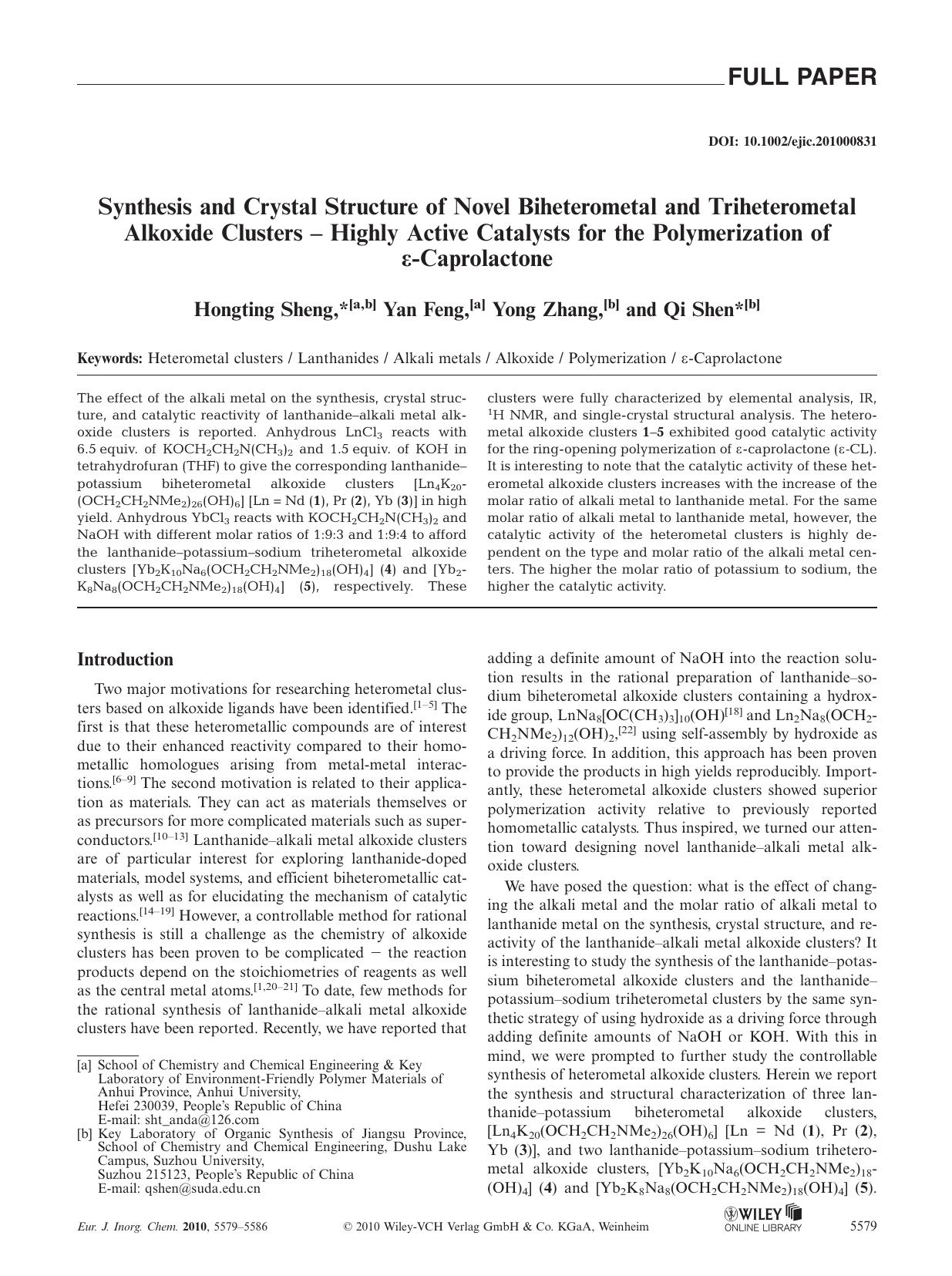 Synthesis and Crystal Structure of Novel Biheterometal and Triheterometal Alkoxide Clusters Highly Active Catalysts for the Polymerization of Caprolactone by Unknown
