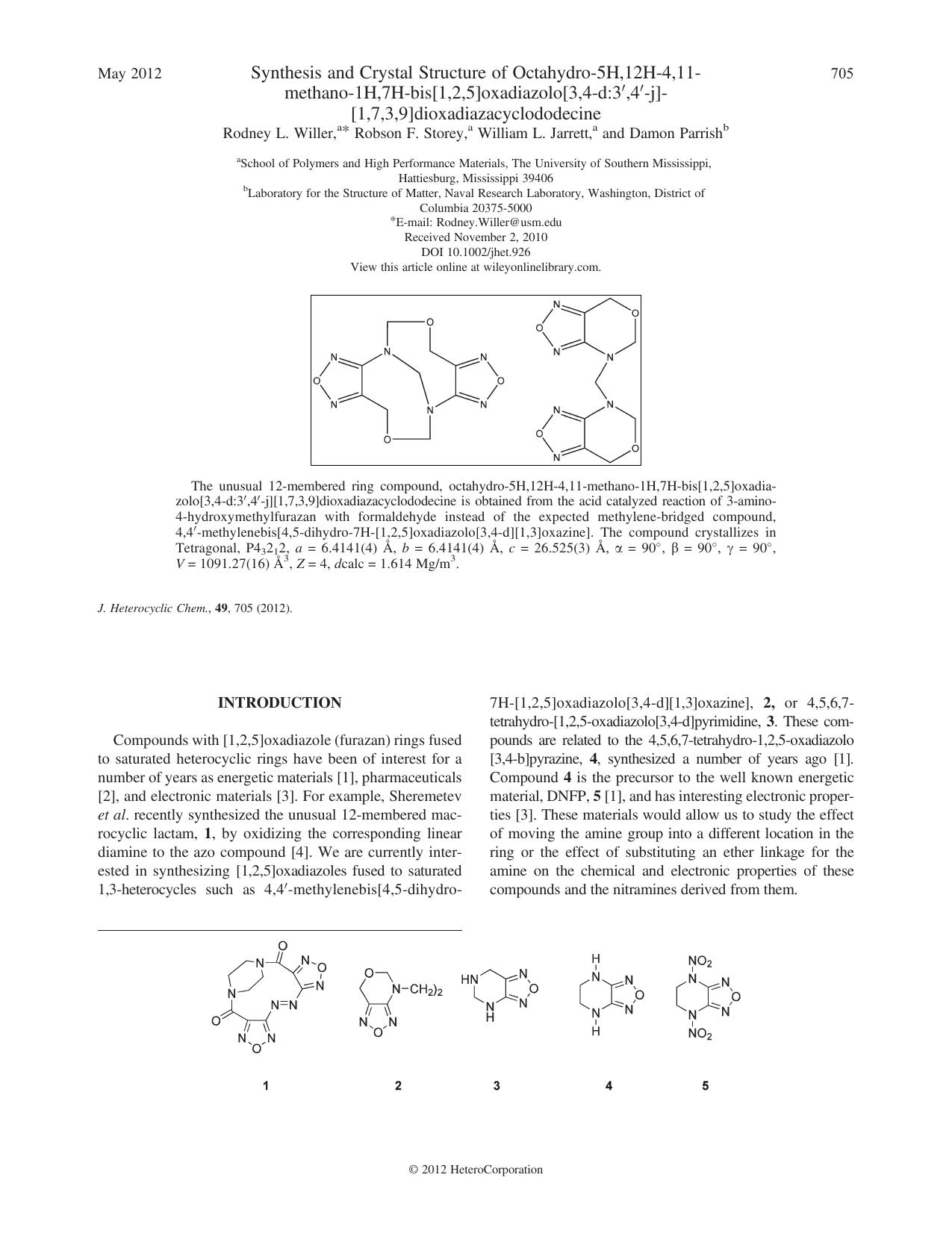 Synthesis and Crystal Structure of Octahydro5H,12H4,11methano1H,7Hbis[1,2,5]oxadiazolo[3,4d:3,4j][1,7,3,9]dioxadiazacyclododecine by Unknown