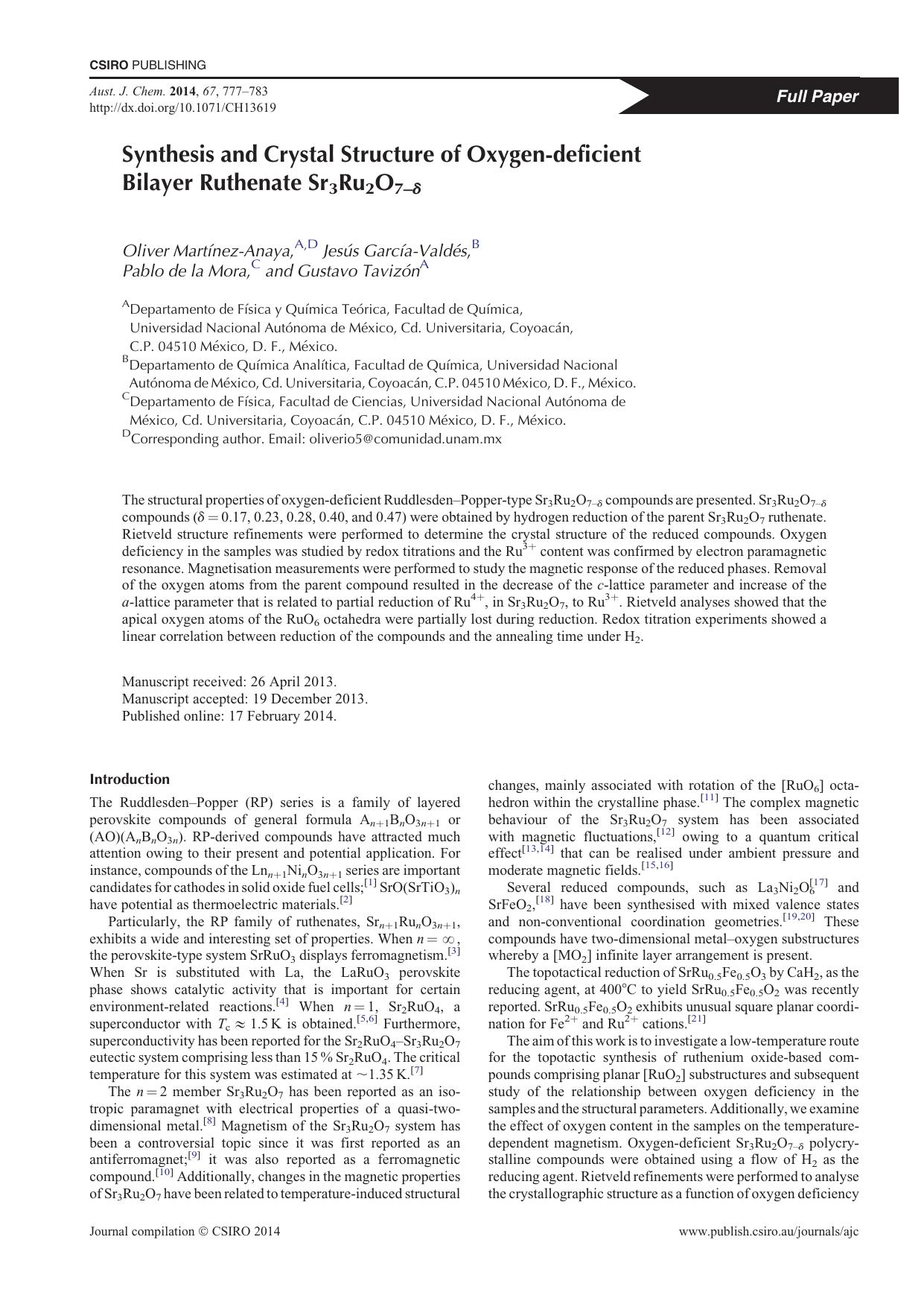Synthesis and Crystal Structure of Oxygen-deficient Bilayer Ruthenate Sr3Ru2O7-delta by O. Martínez-Anaya et al