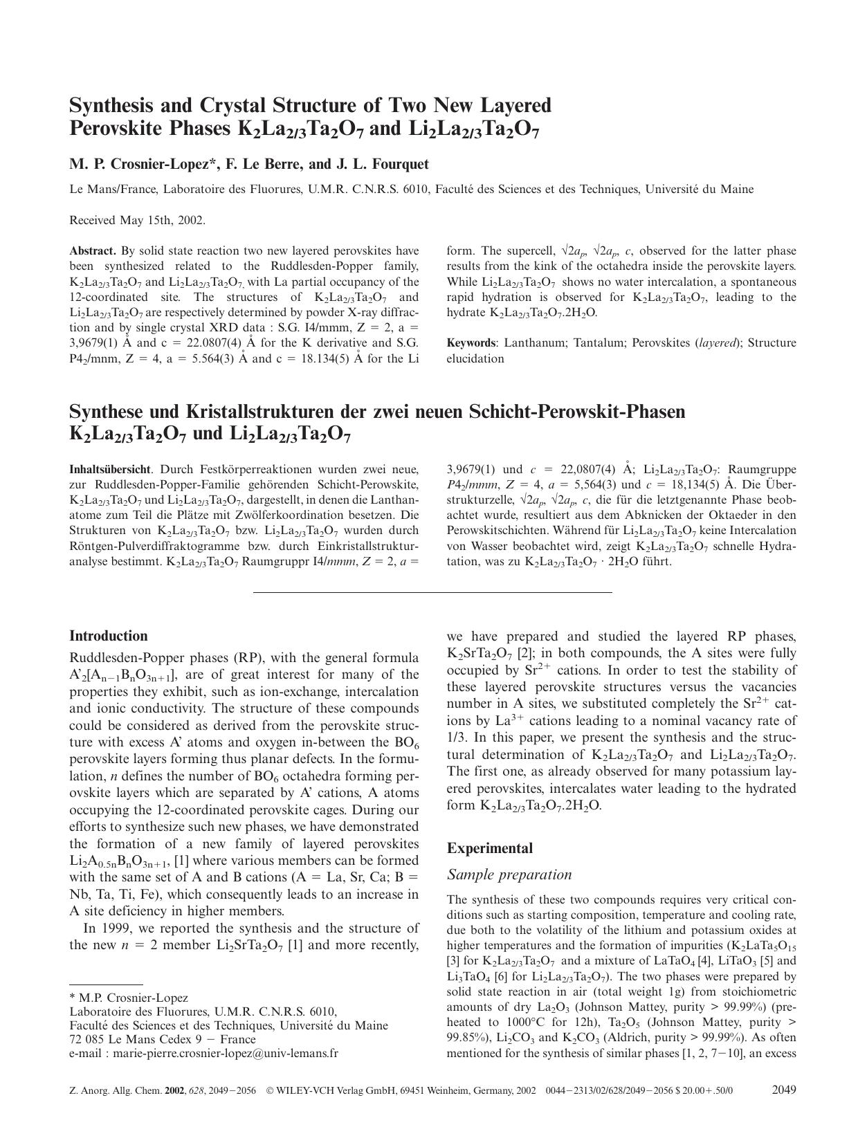 Synthesis and Crystal Structure of Two New Layered Perovskite Phases K2La23Ta2O7 and Li2La23Ta2O7 by Unknown
