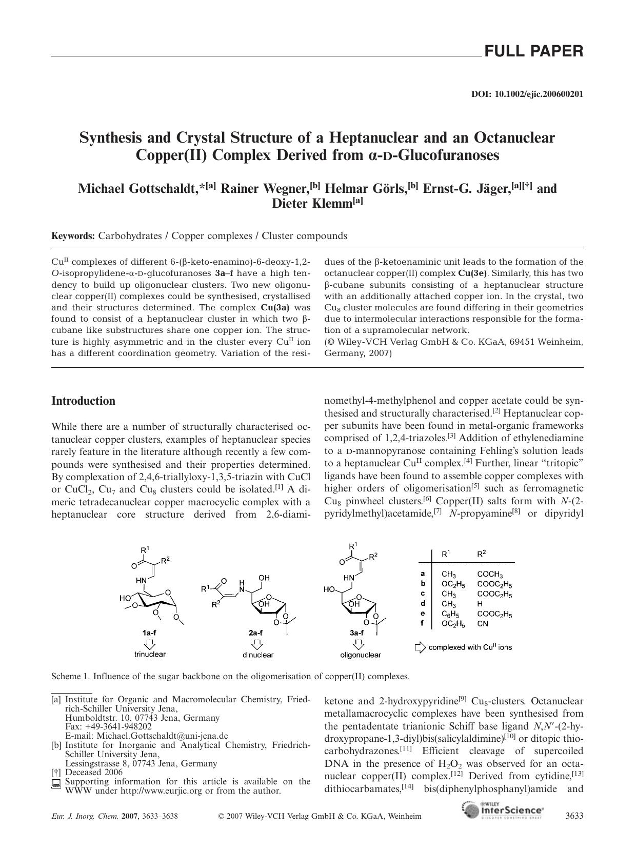 Synthesis and Crystal Structure of a Heptanuclear and an Octanuclear Copper(II) Complex Derived from [alpha]-D-Glucofuranoses by Unknown