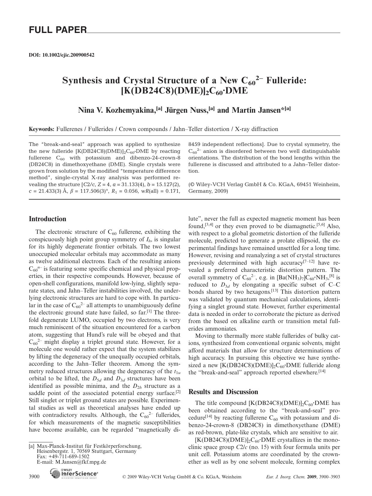 Synthesis and Crystal Structure of a New C602- Fulleride: [K(DB24C8)(DME)]2C60Â·DME by Unknown