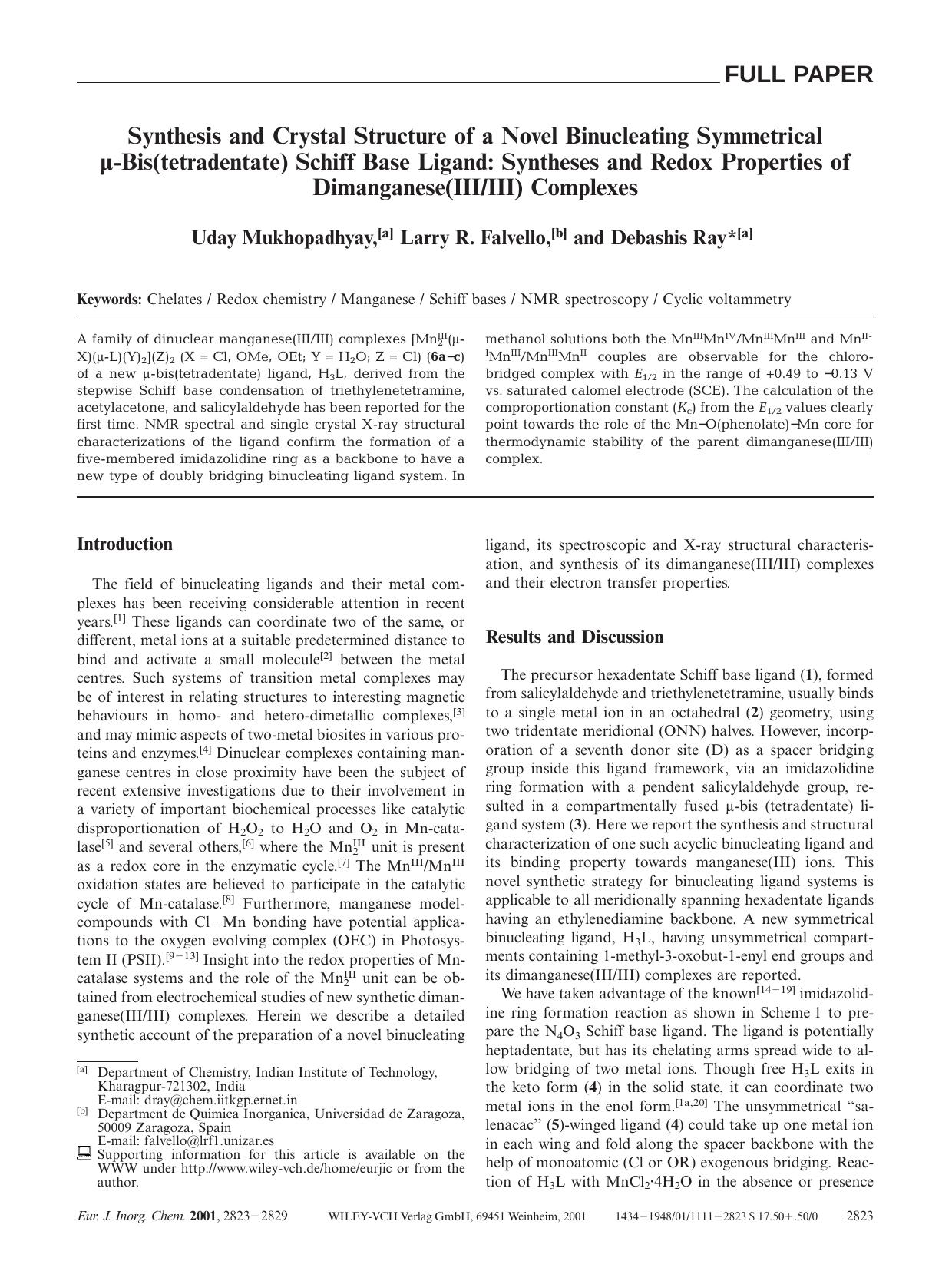 Synthesis and Crystal Structure of a Novel Binucleating Symmetrical [mgr]-Bis(tetradentate) Schiff Base Ligand: Syntheses and Redox Properties of Dimanganese(IIIIII) Complexes by Unknown