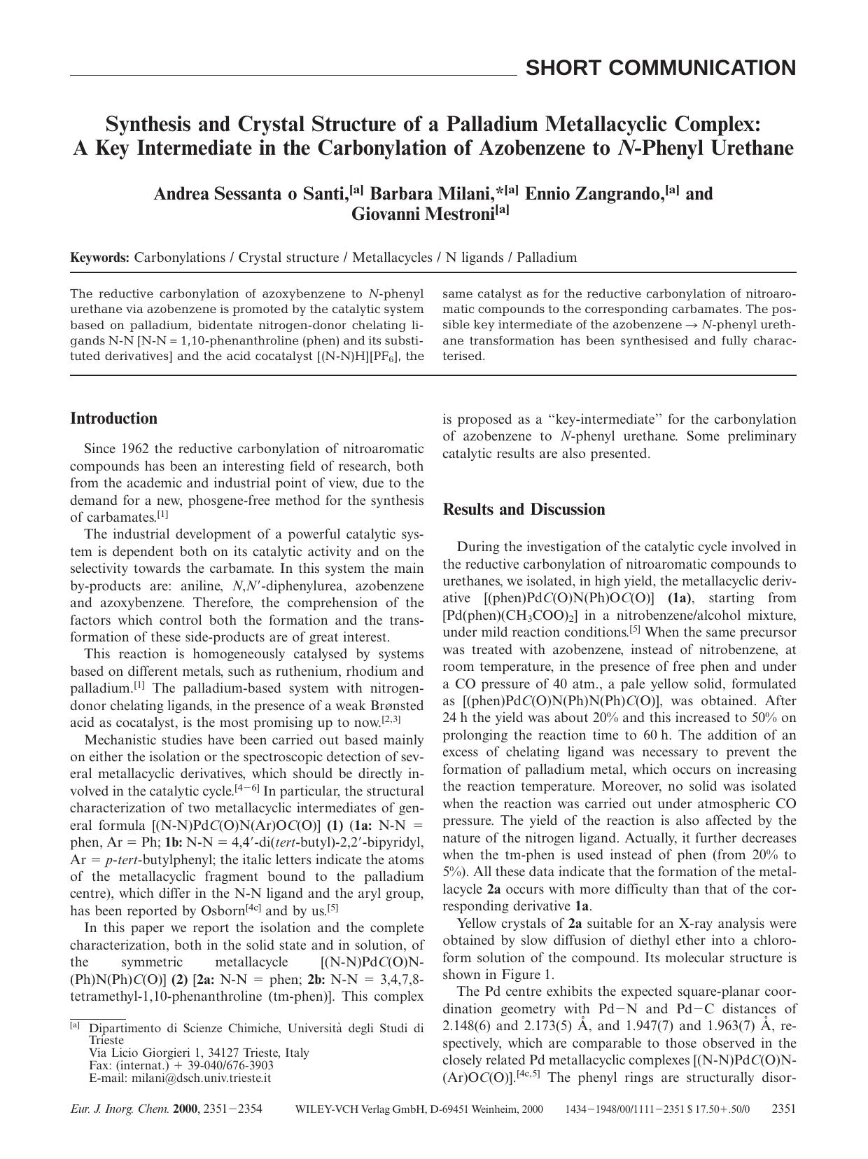 Synthesis and Crystal Structure of a Palladium Metallacyclic Complex: A Key Intermediate in the Carbonylation of Azobenzene to N-Phenyl Urethane by Unknown