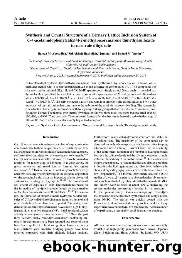 Synthesis and Crystal Structure of a Ternary Lattice Inclusion System of C-4-acetamidophenylcalix[4]-2-methylresorcinarene dimethylsulfoxide tetrasolvate dihydrate by Unknown