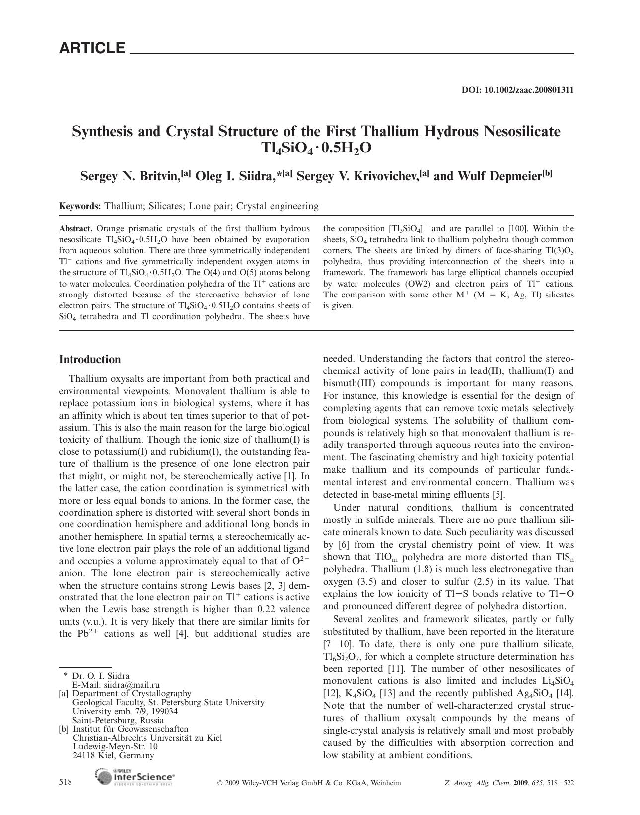 Synthesis and Crystal Structure of the First Thallium Hydrous Nesosilicate Tl4SiO4Â·0.5H2O by Unknown