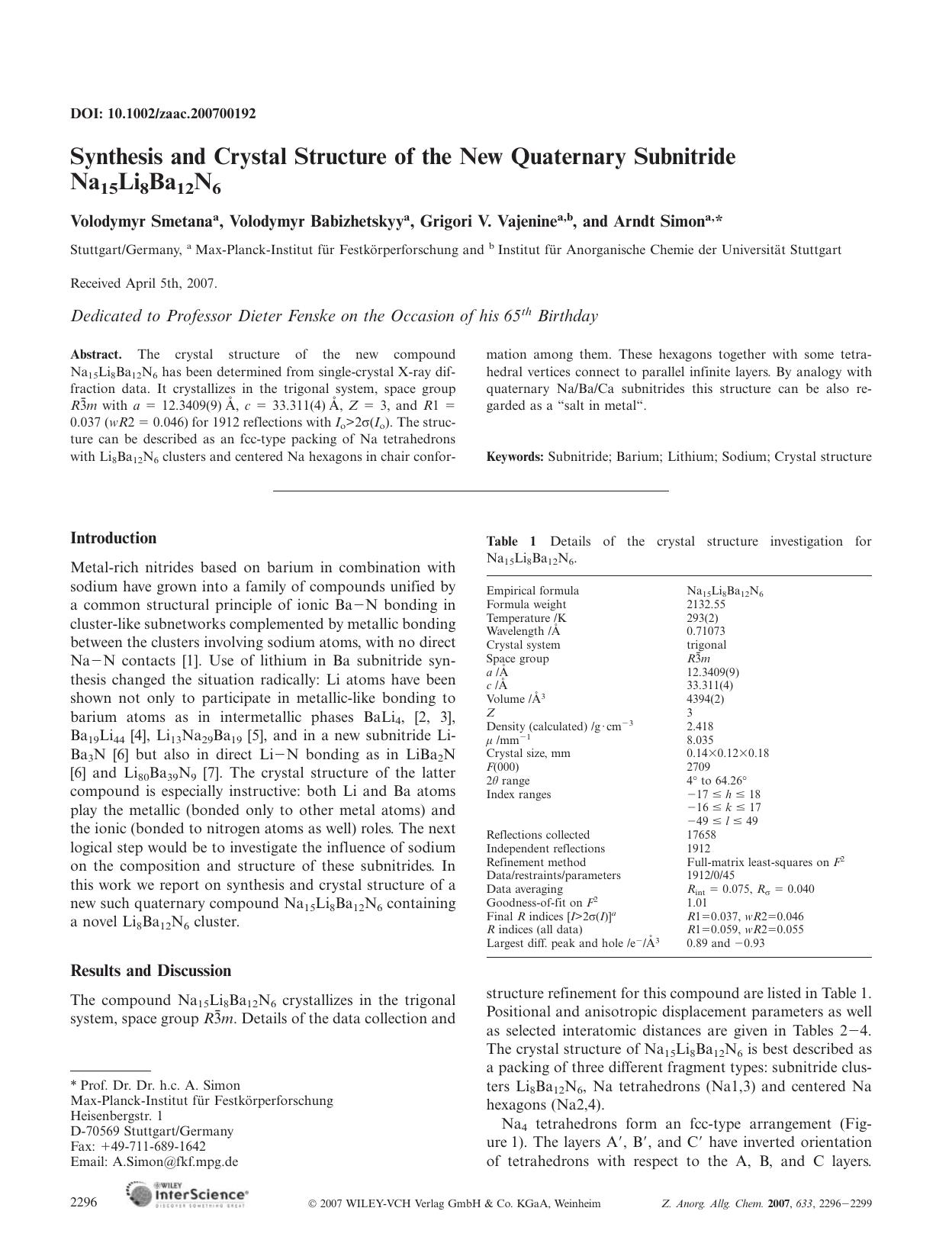 Synthesis and Crystal Structure of the New Quaternary Subnitride Na15Li8Ba12N6 by Unknown
