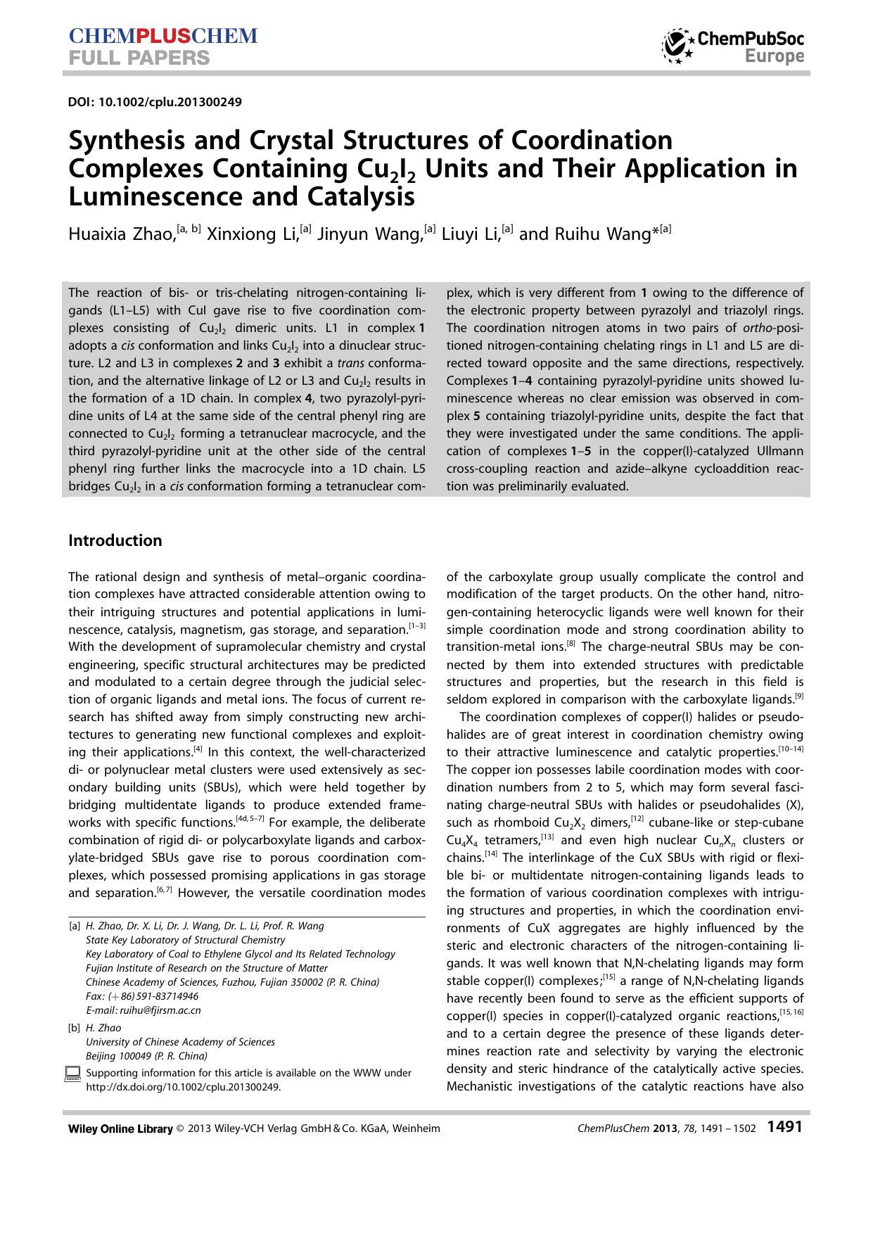Synthesis and Crystal Structures of Coordination Complexes Containing Cu2I2 Units and Their Application in Luminescence and Catalysis by Unknown
