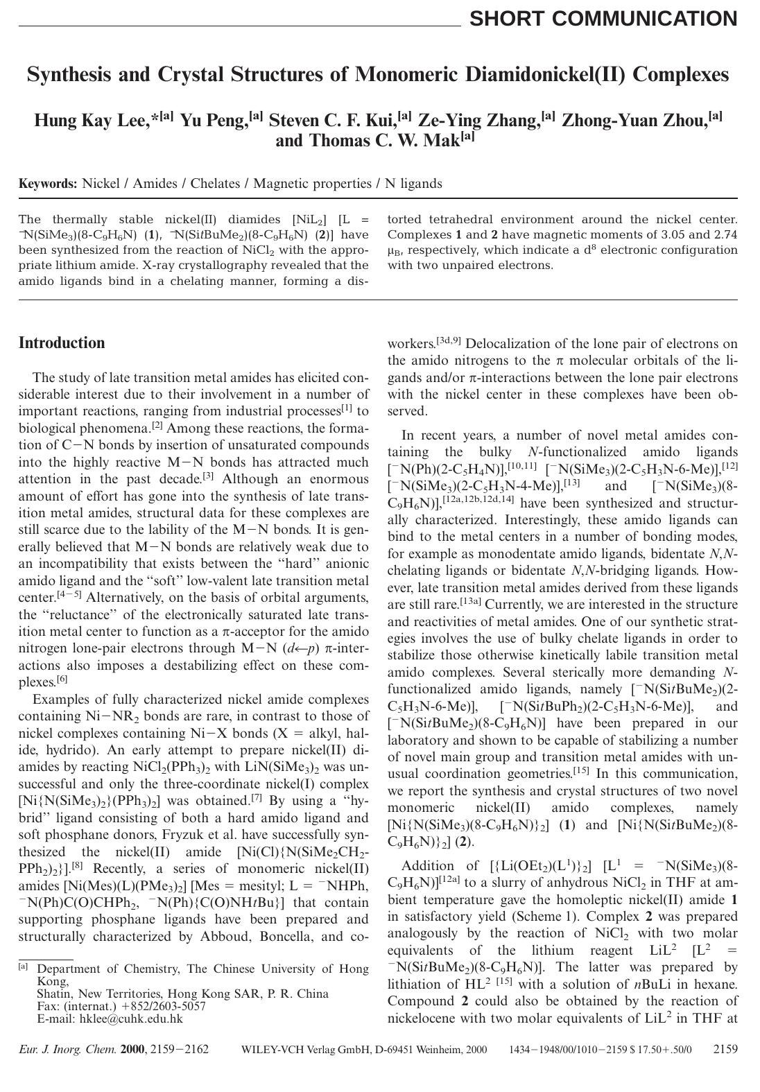 Synthesis and Crystal Structures of Monomeric Diamidonickel(II) Complexes by Unknown