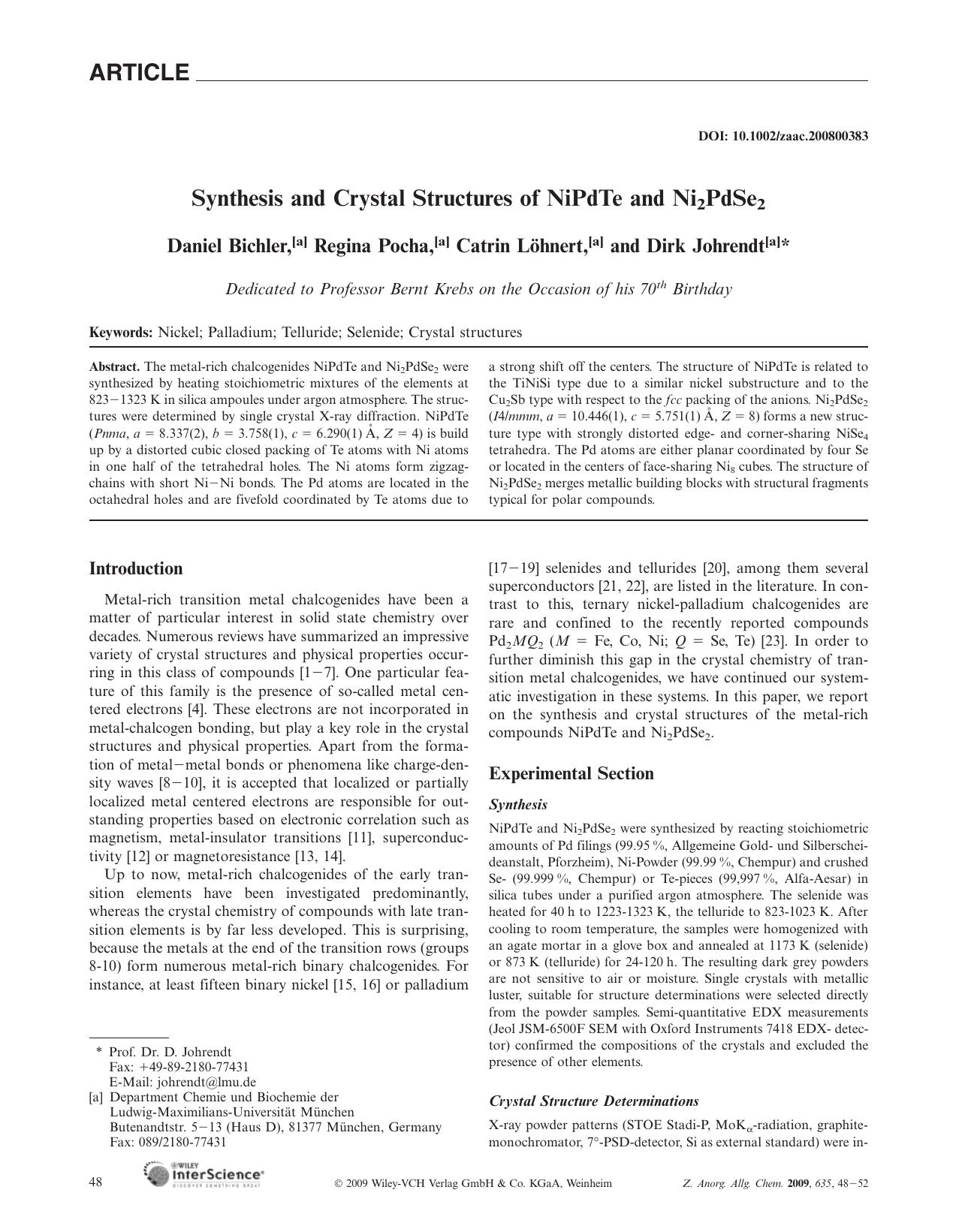 Synthesis and Crystal Structures of NiPdTe and Ni2PdSe2 by Unknown