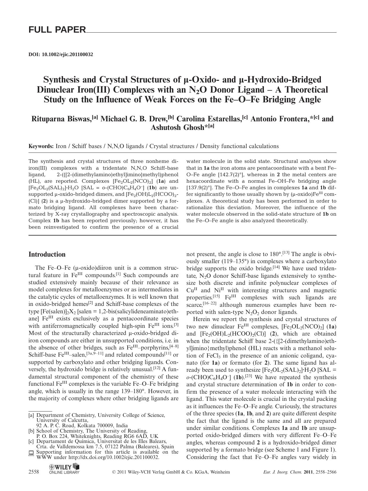 Synthesis and Crystal Structures of Oxido and HydroxidoBridged Dinuclear Iron(III) Complexes with an N2O Donor Ligand A Theoretical Study on the Influence of Weak Forces on the FeOFe Bridging Angle by Unknown