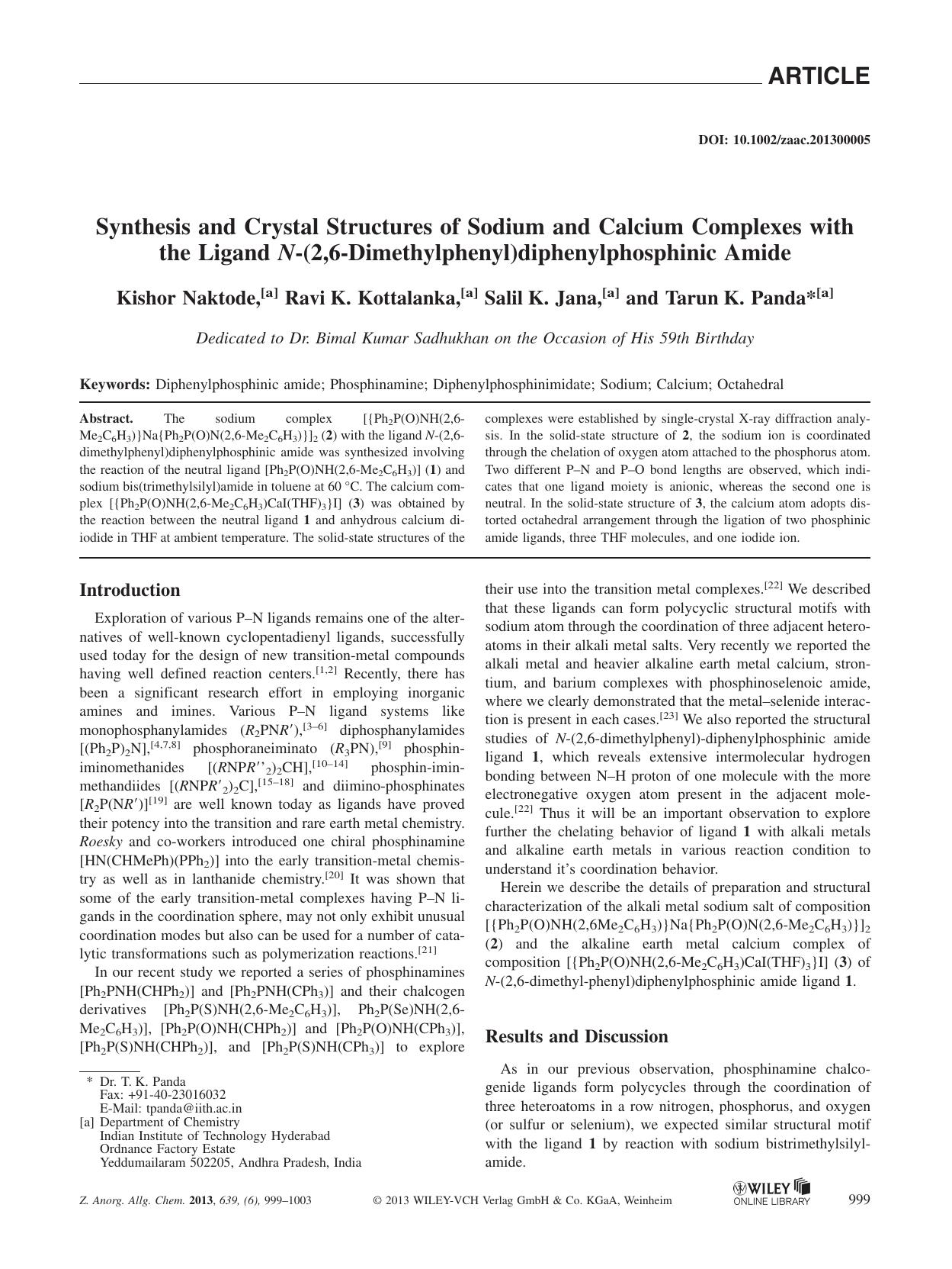 Synthesis and Crystal Structures of Sodium and Calcium Complexes with the Ligand N(2,6Dimethylphenyl)diphenylphosphinic Amide by Unknown