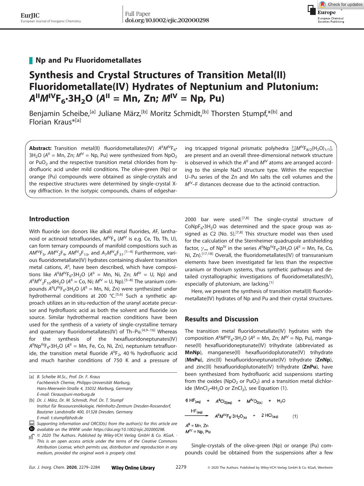 Synthesis and Crystal Structures of Transition Metal(II) Fluoridometallate(IV) Hydrates of Neptunium and Plutonium: AIIMIVF6Â·3H2O (AII = Mn, Zn; MIV = Np, Pu) by Unknown