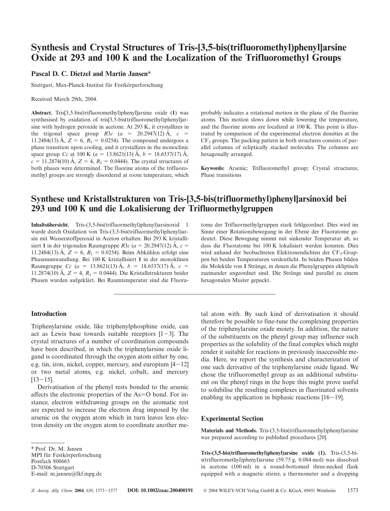 Synthesis and Crystal Structures of Tris-[3, 5-bis(trifluoromethyl)phenyl]arsine Oxide at 293 and 100 K and the Localization of the Trifluoromethyl Groups by Unknown