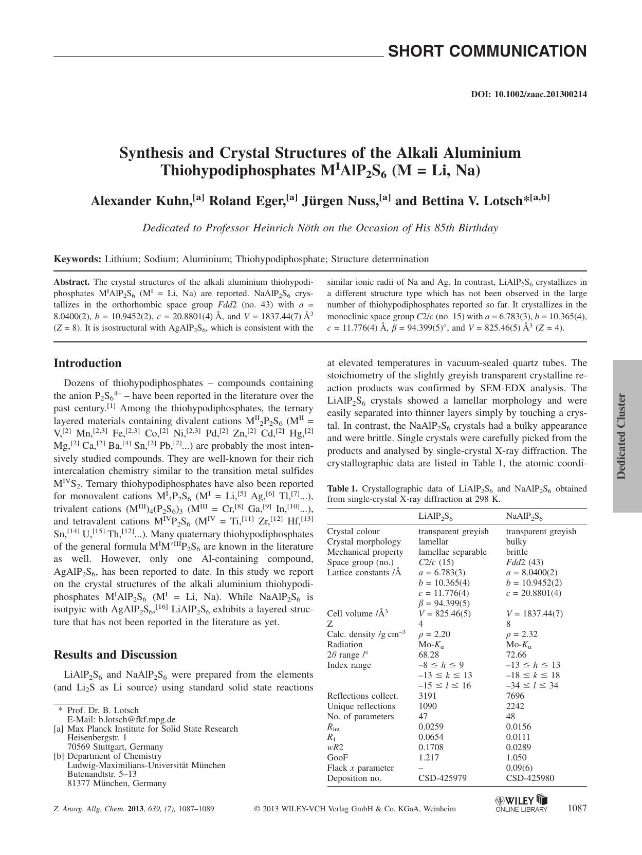 Synthesis and Crystal Structures of the Alkali Aluminium Thiohypodiphosphates MIAlP2S6 (M = Li, Na) by Unknown