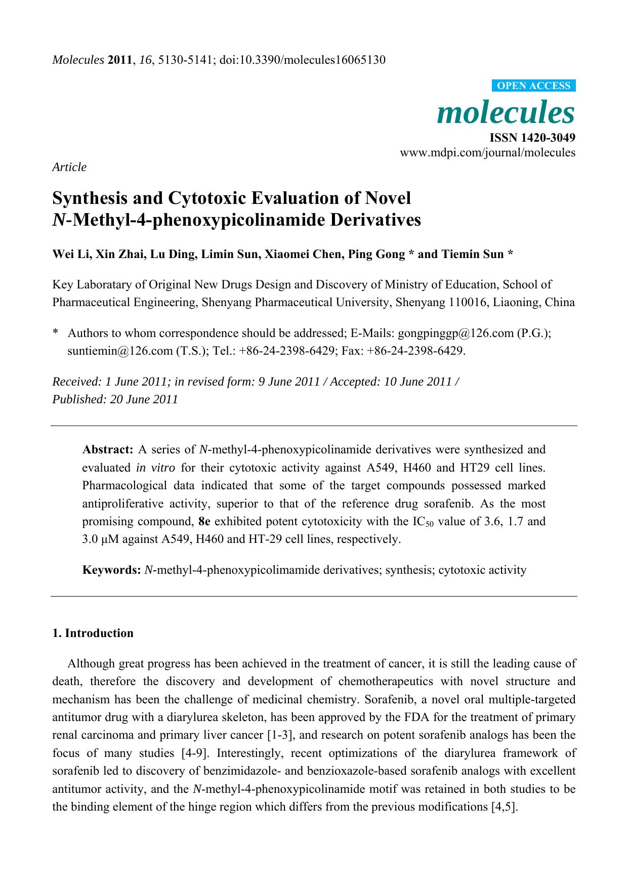 Synthesis and Cytotoxic Evaluation of Novel N-Methyl-4-phenoxypicolinamide Derivatives by Wei Li & Xin Zhai & Lu Ding & Limin Sun & Xiaomei Chen & Ping Gong & Tiemin Sun