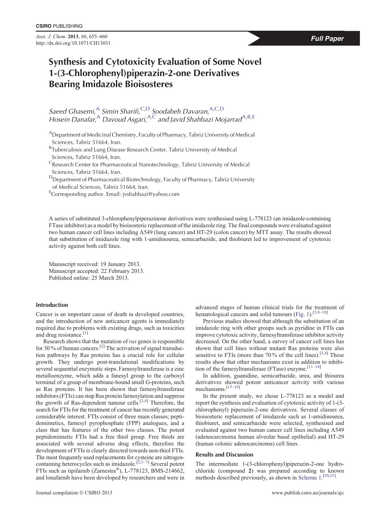Synthesis and Cytotoxicity Evaluation of Some Novel 1-(3-Chlorophenyl)piperazin-2-one Derivatives Bearing Imidazole Bioisosteres by S. Ghasemi et al