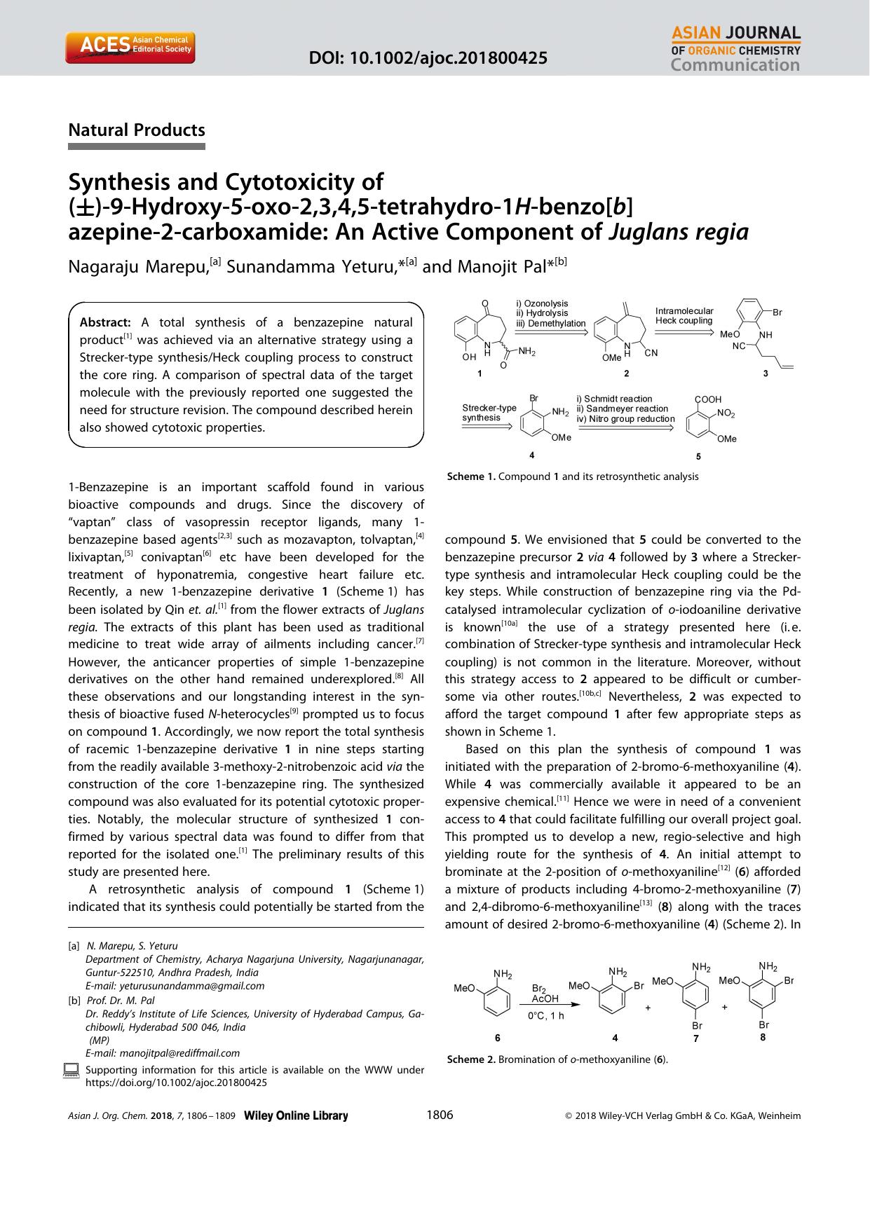 Synthesis and Cytotoxicity of (Â±)â9âHydroxyâ5âoxoâ2,3,4,5âtetrahydroâ1Hâbenzo[b]azepineâ2âcarboxamide: An Active Component of Juglans regia by Unknown