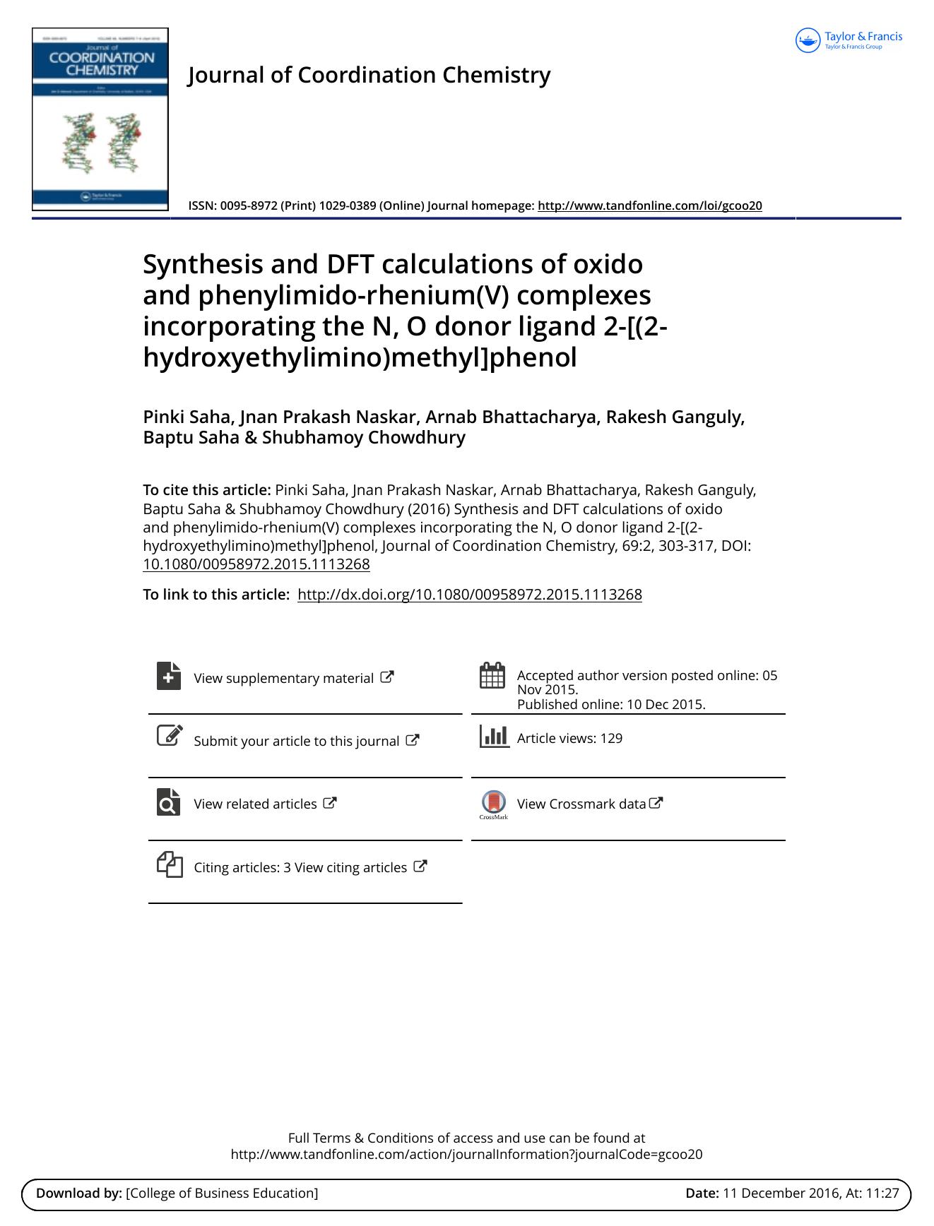 Synthesis and DFT calculations of oxido and phenylimido-rhenium(V) complexes incorporating the N, O donor ligand 2-[(2-hydroxyethylimino)methyl]phenol by unknow