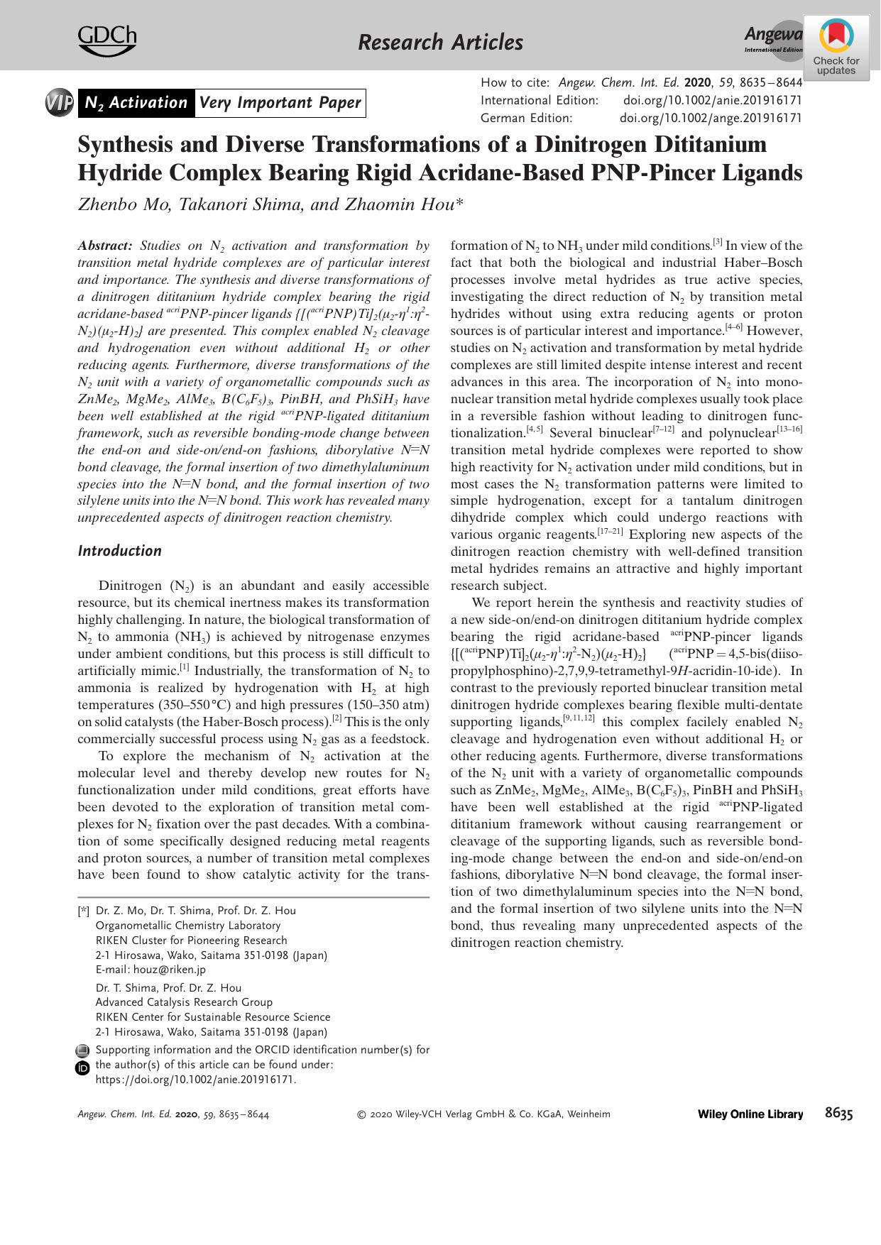 Synthesis and Diverse Transformations of a Dinitrogen Dititanium Hydride Complex Bearing Rigid AcridaneâBased PNPâPincer Ligands by Unknown