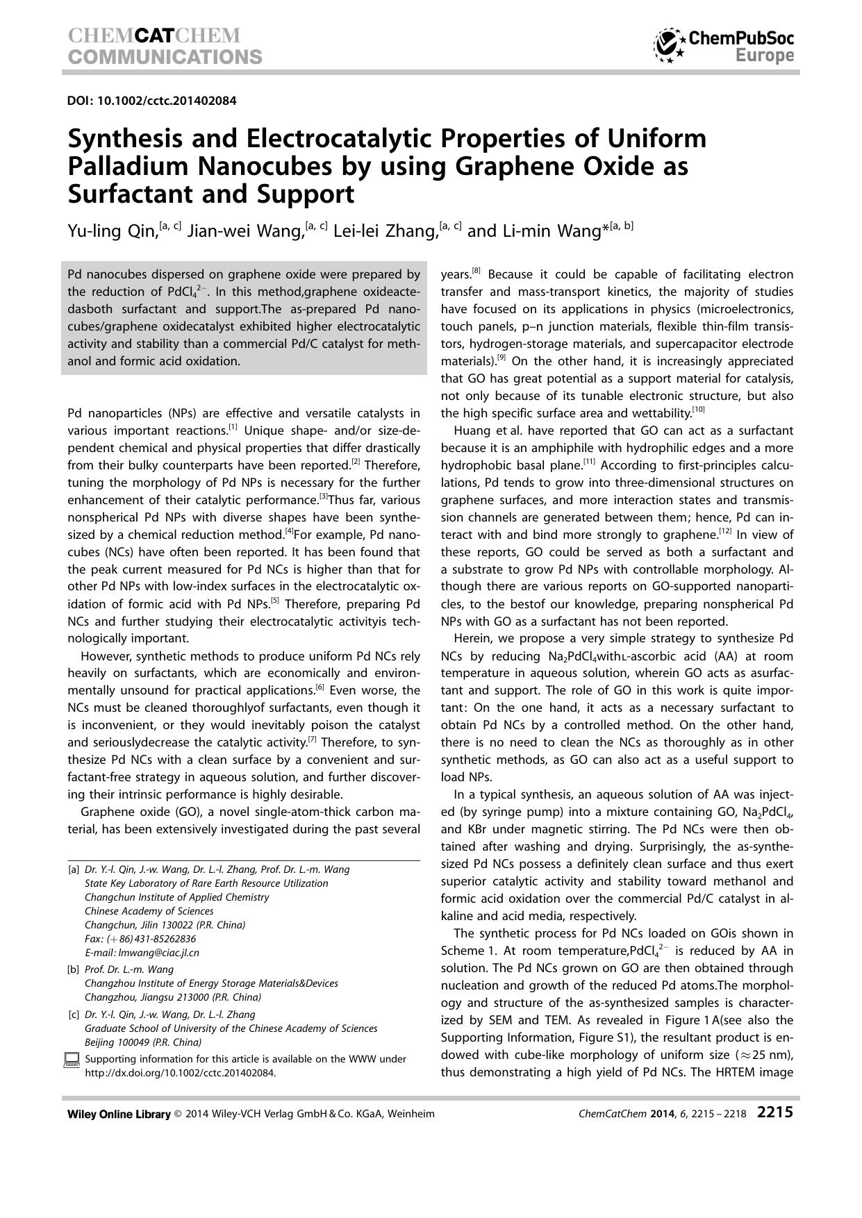 Synthesis and Electrocatalytic Properties of Uniform Palladium Nanocubes by using Graphene Oxide as Surfactant and Support by Unknown