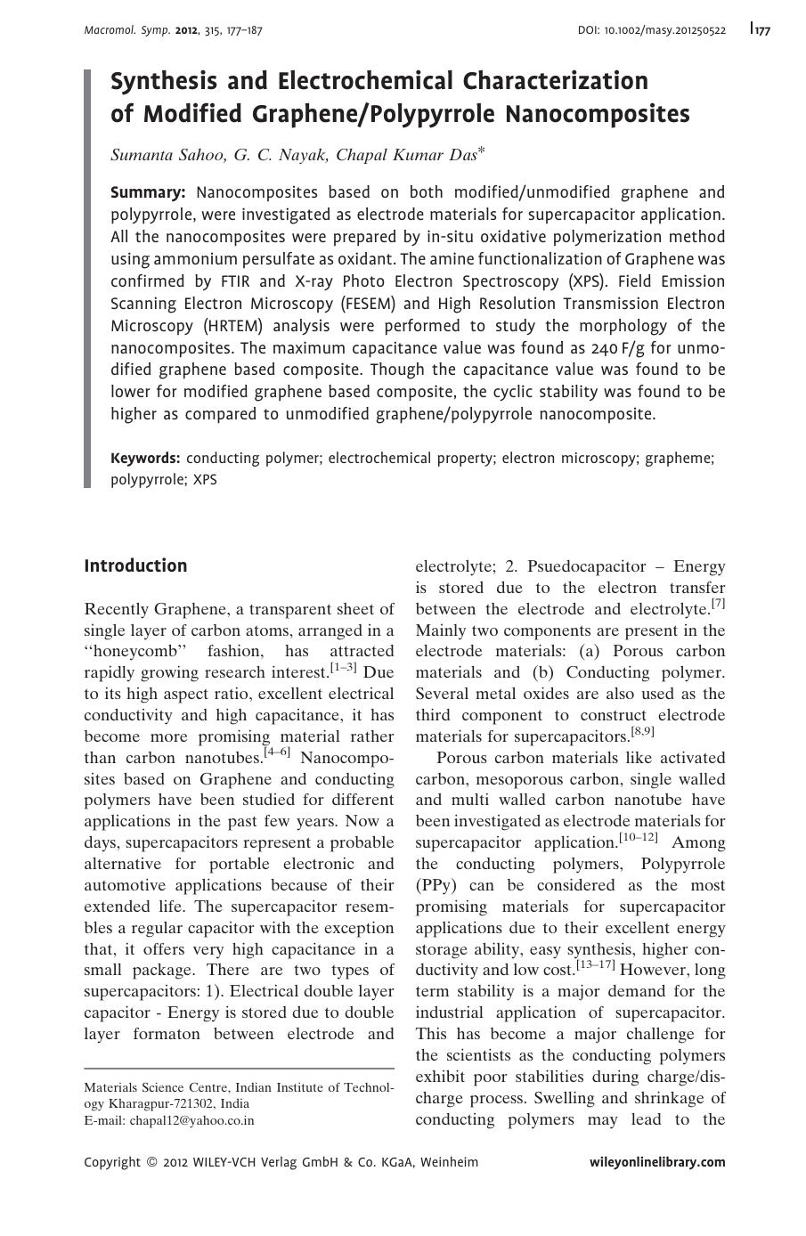 Synthesis and Electrochemical Characterization of Modified GraphenePolypyrrole Nanocomposites by Unknown