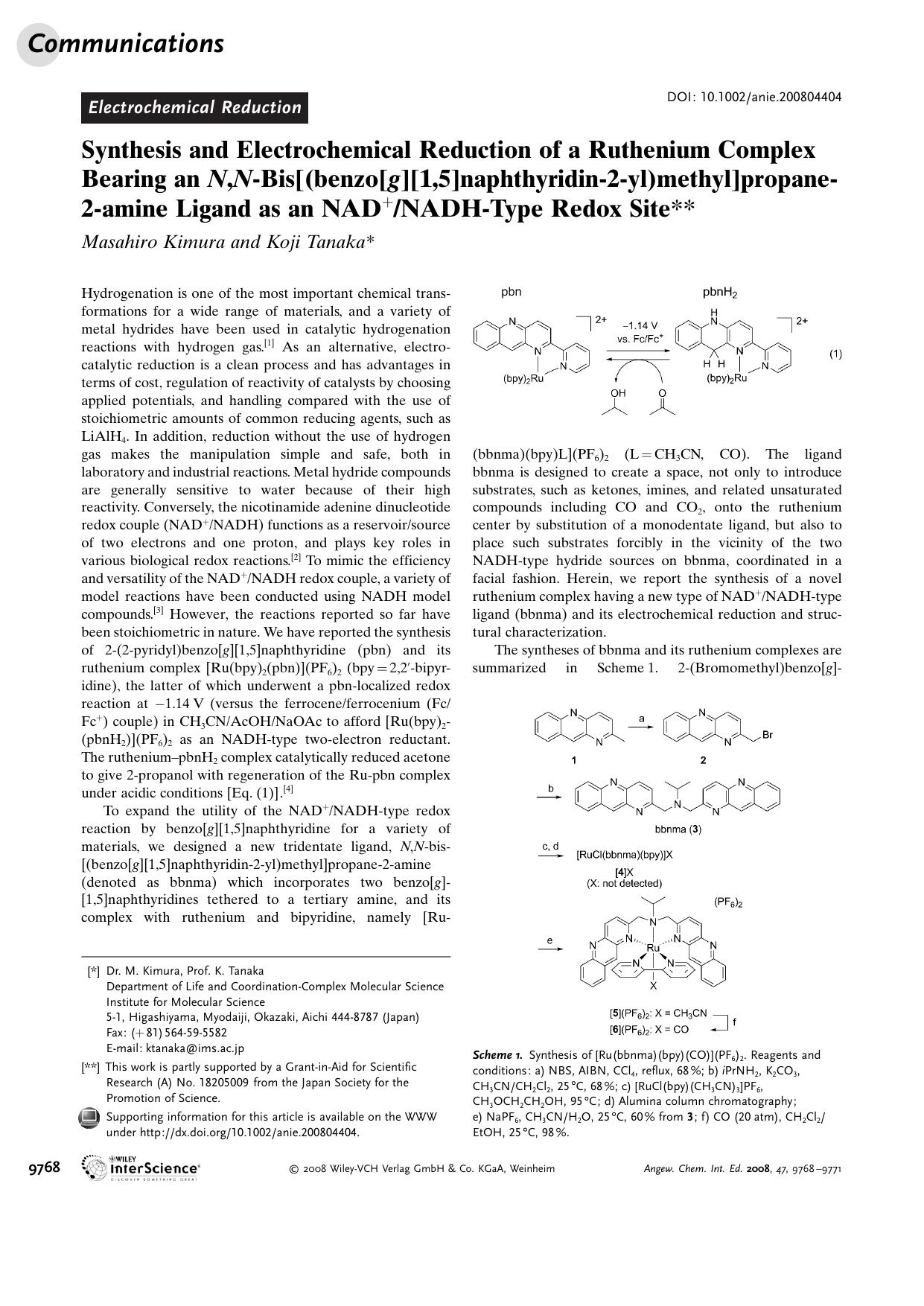 Synthesis and Electrochemical Reduction of a Ruthenium Complex Bearing an N,N-Bis[(benzo[g][1,5]naphthyridin-2-yl)methyl]propane-2-amine Ligand as an NAD+NADH-Type Redox Site by Unknown