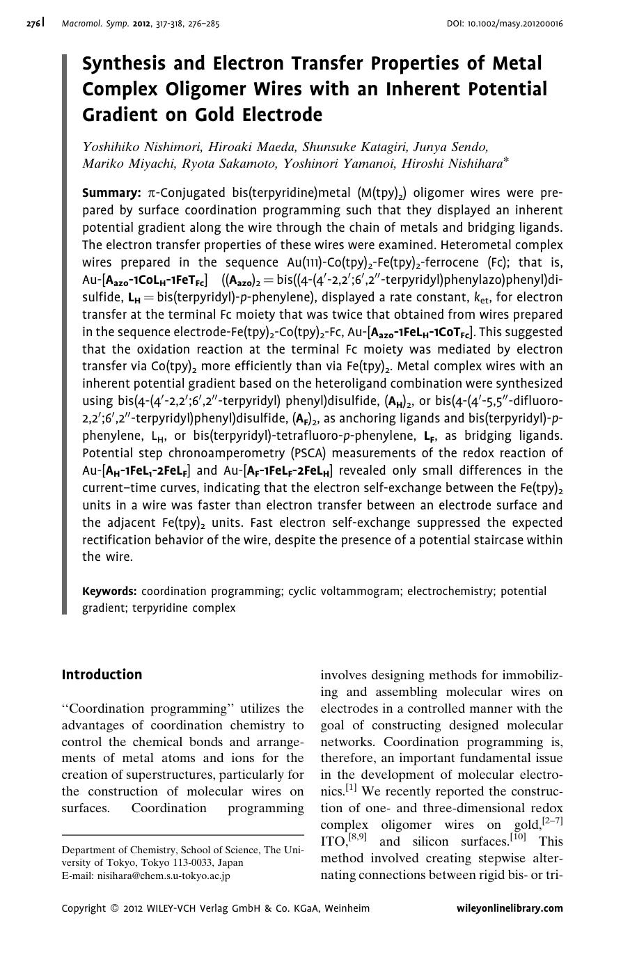 Synthesis and Electron Transfer Properties of Metal Complex Oligomer Wires with an Inherent Potential Gradient on Gold Electrode by Unknown