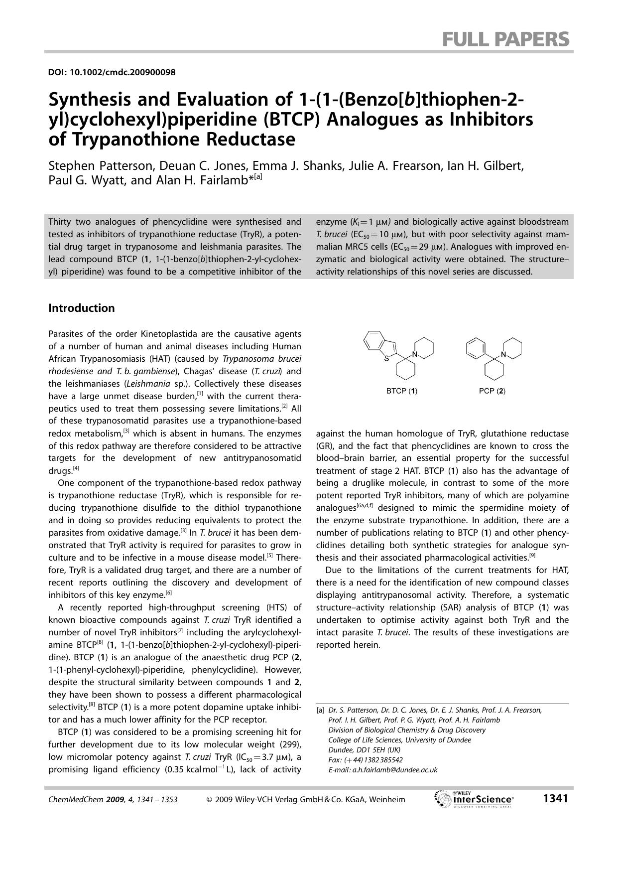 Synthesis and Evaluation of 1(1(Benzo[b]thiophen2yl)cyclohexyl)piperidine (BTCP) Analogues as Inhibitors of Trypanothione Reductase by Unknown