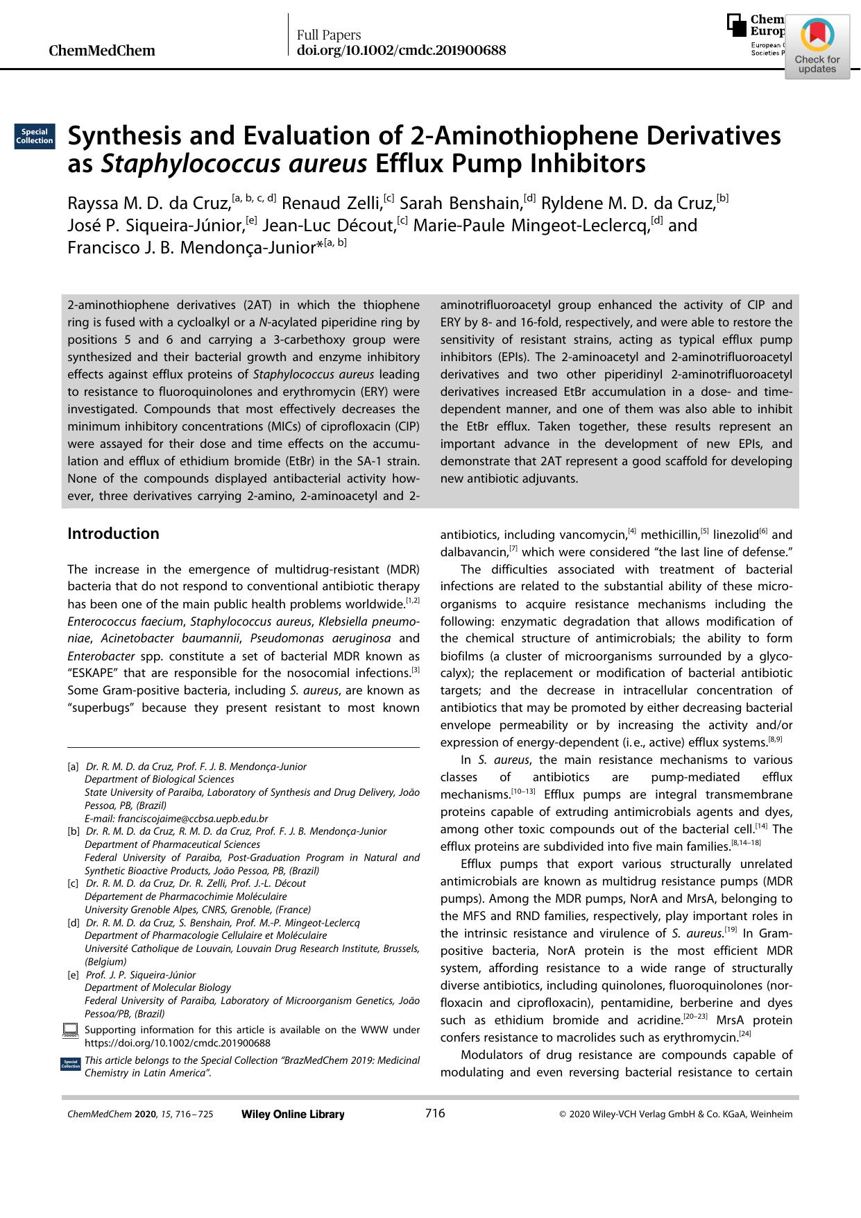 Synthesis and Evaluation of 2âAminothiophene Derivatives as Staphylococcus aureus Efflux Pump Inhibitors by Unknown