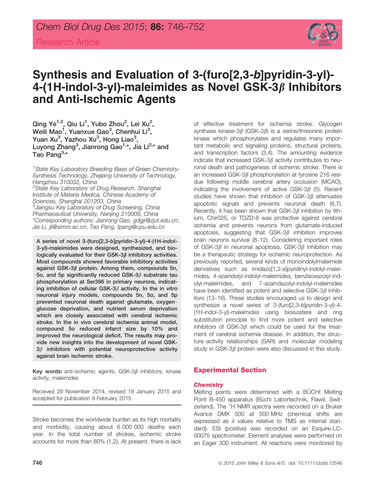 Synthesis and Evaluation of 3‐(furo[2,3‐b]pyridin‐3‐yl)‐4‐(1H‐indol‐3‐yl)‐maleimides as Novel GSK‐3  by unknow